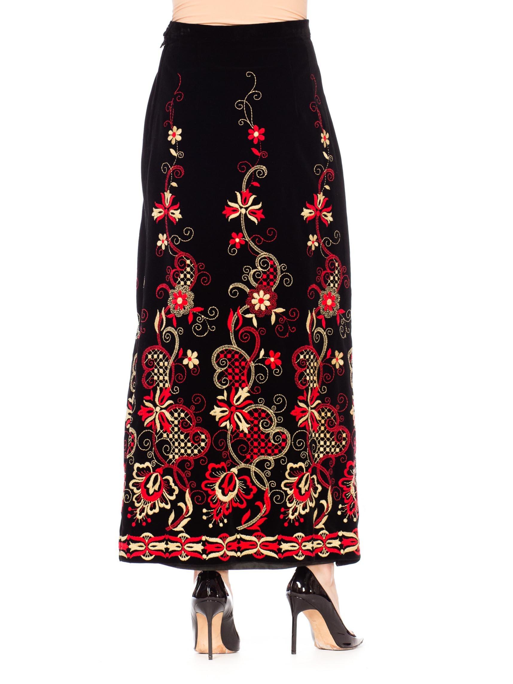 1960S Black Cotton Velvet Maxi Skirt With Red And White Floral Embroidery 1