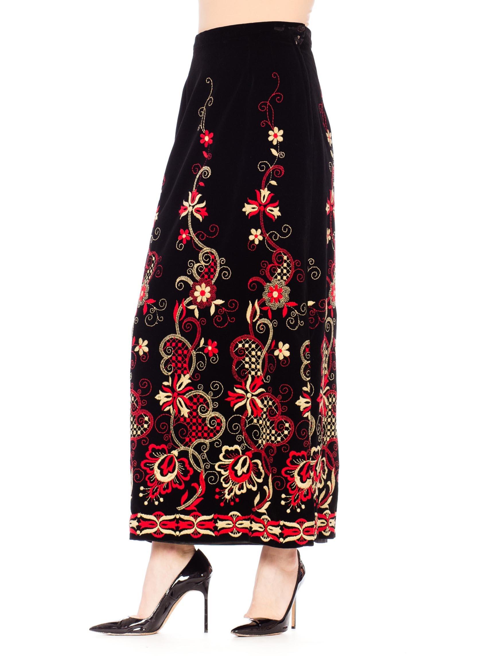 1960S Black Cotton Velvet Maxi Skirt With Red And White Floral Embroidery 2