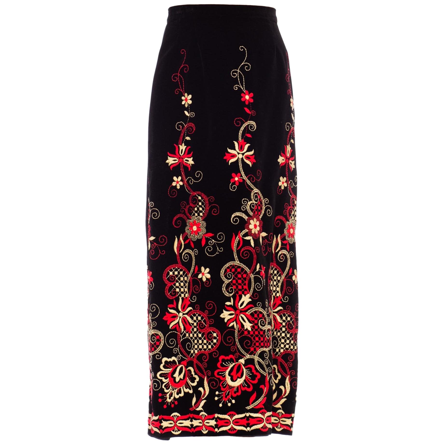 1960S Black Cotton Velvet Maxi Skirt With Red And White Floral Embroidery