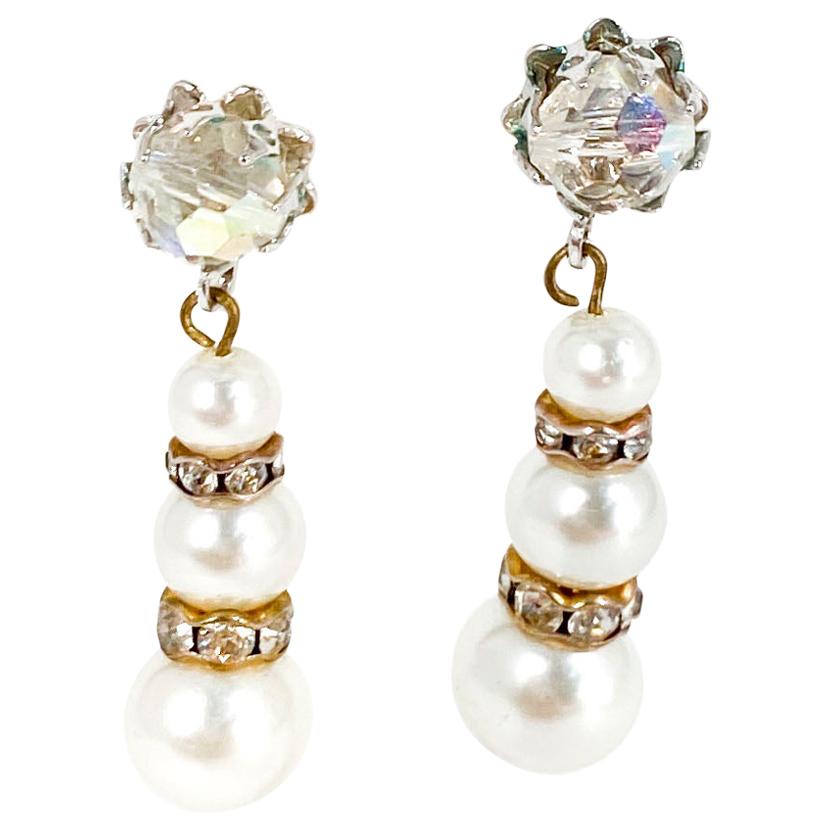 1960s Vendome Faux Pearl and Rhinestone Earrings