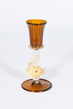 1960s Venetian Murano Glass Dolphin Candlestick with Gold Leaf