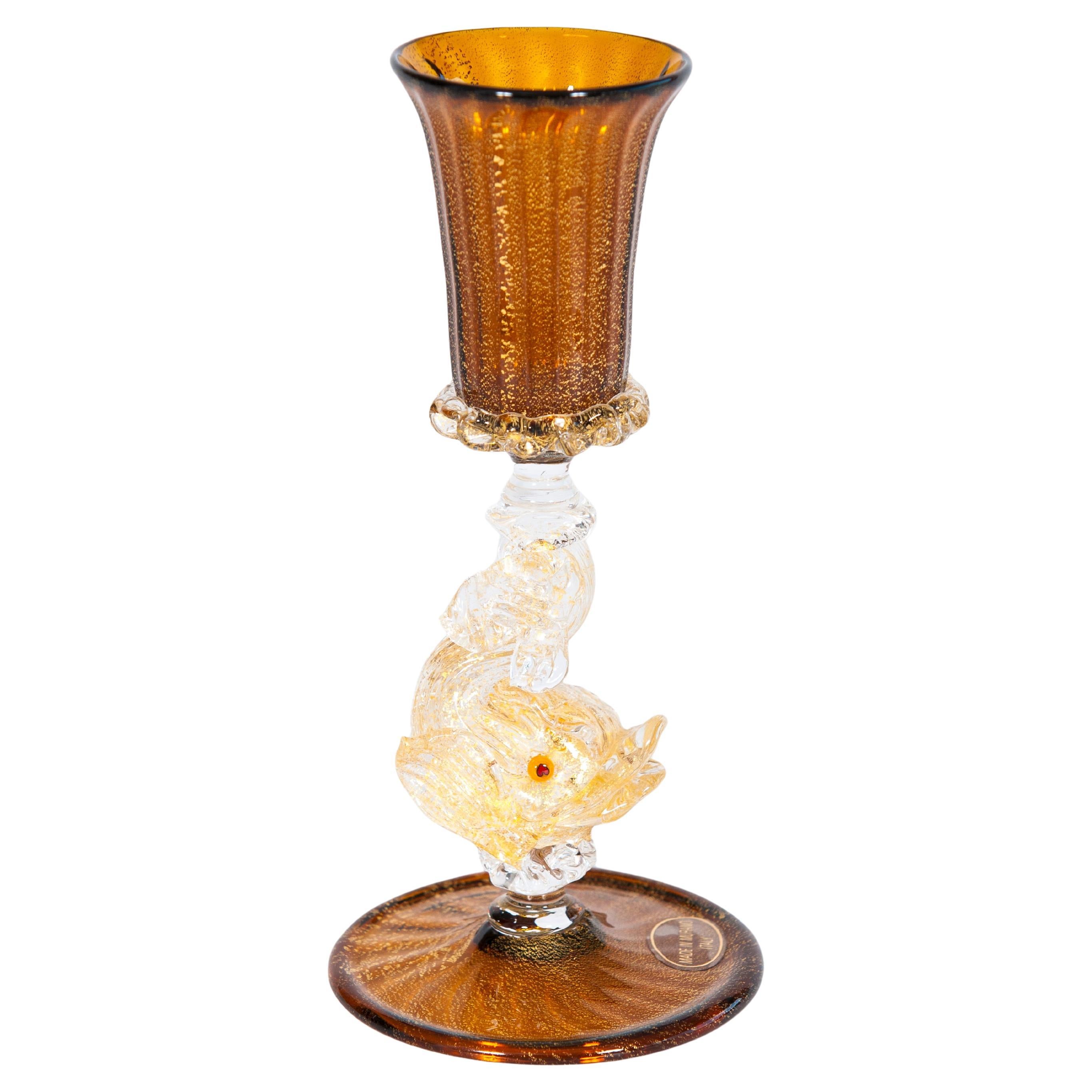1960s Venetian Murano Glass Dolphin Candlestick with Gold Leaf For Sale