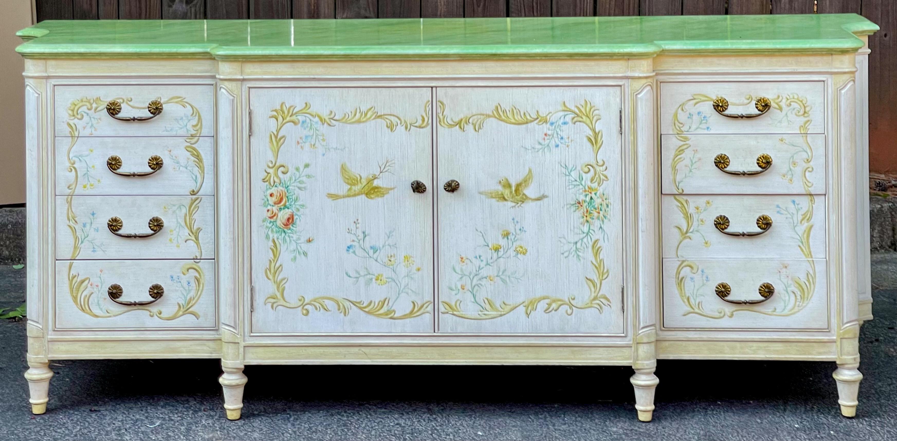 Wood 1960s Venetian Style Italian Sideboard / Credenza Or Cabinet W/ Faux Marble Top