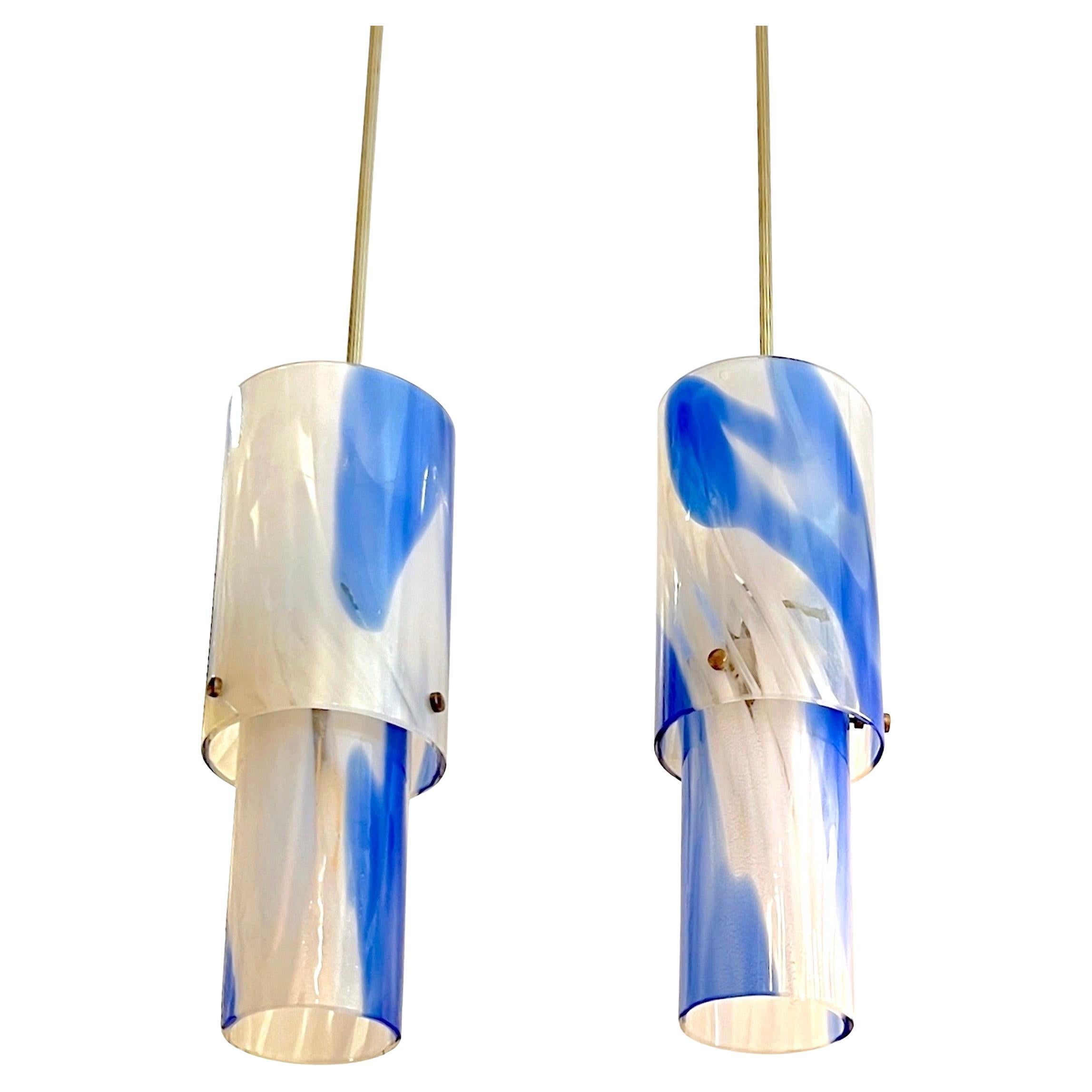1960s Venini Organic White Blue Gold Murano Glass Tall Pair Modern Pendants en vente