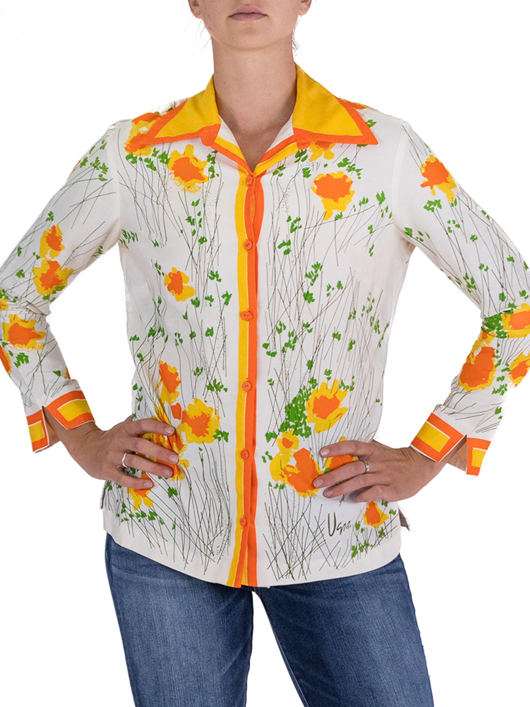 1960S VERA White Orange Flower Print Top In Excellent Condition For Sale In New York, NY