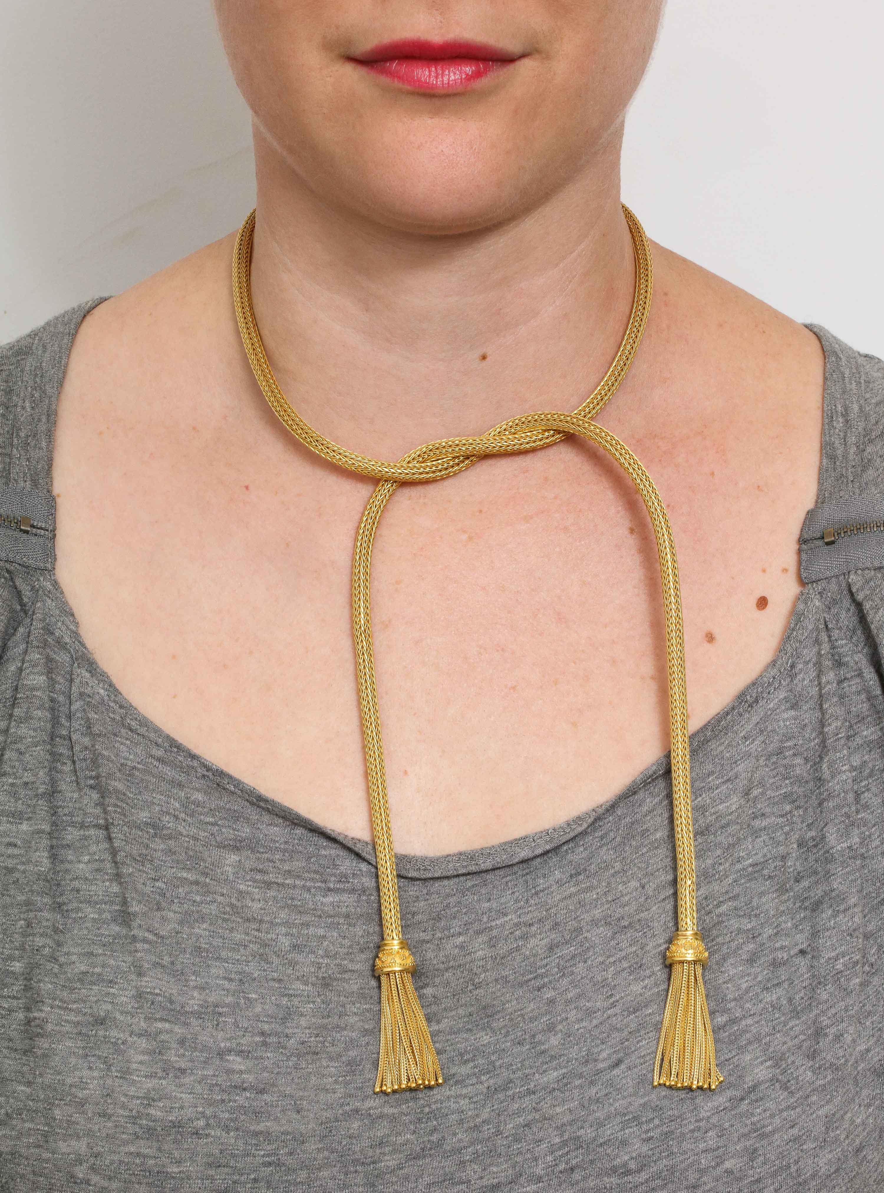1960s Versatile Tubular Braided Tassel Gold Lariat Style Necklace 8