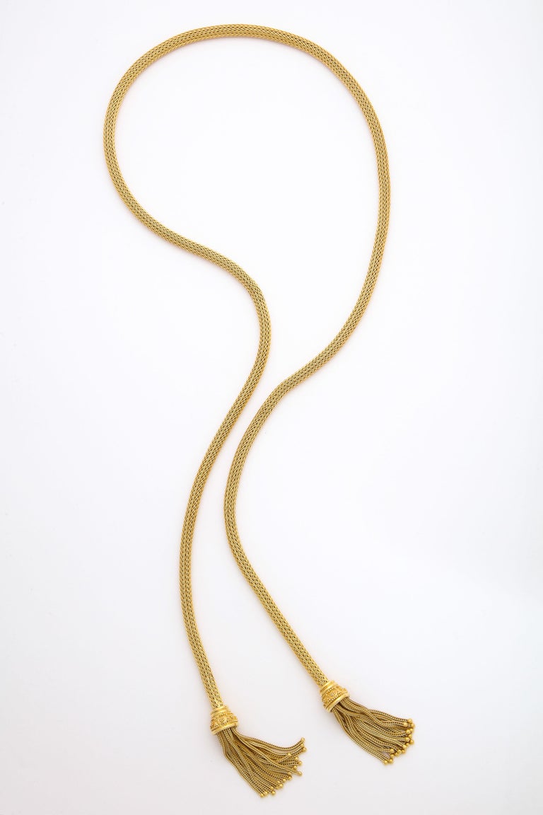 1960s Versatile Tubular Braided Tassel Gold Lariat Style Necklace at
