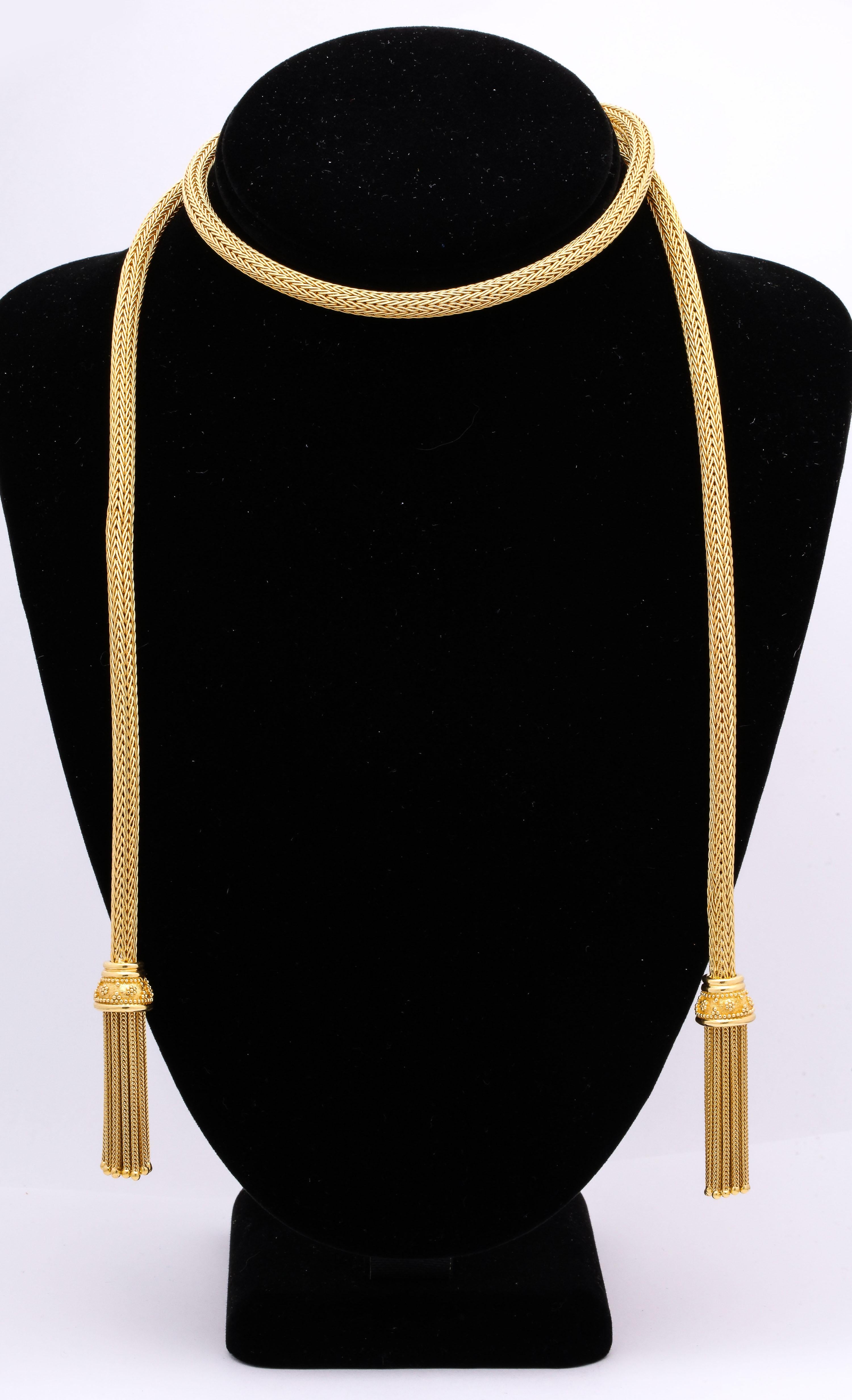 1960s Versatile Tubular Braided Tassel Gold Lariat Style Necklace In Good Condition In New York, NY