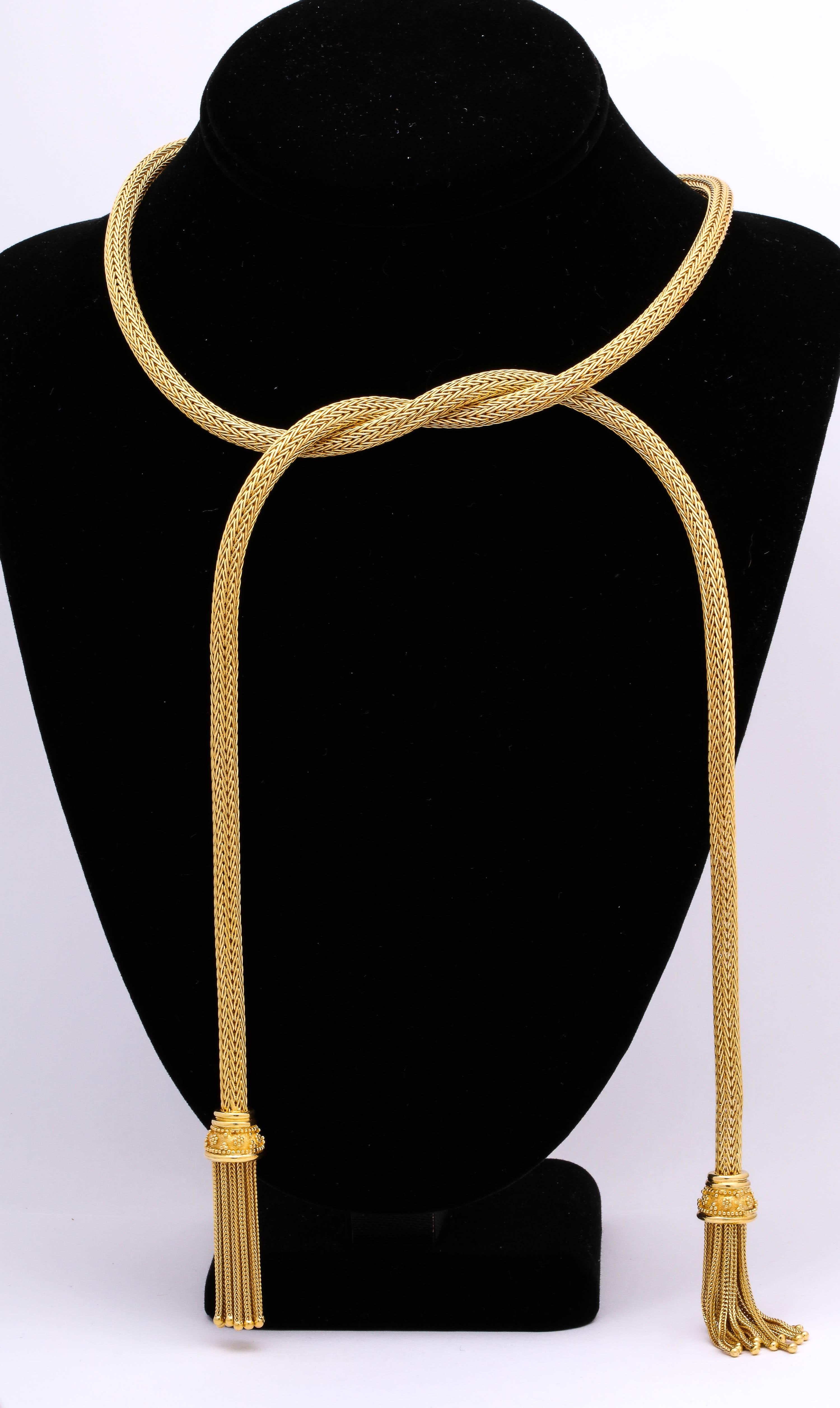 Women's 1960s Versatile Tubular Braided Tassel Gold Lariat Style Necklace
