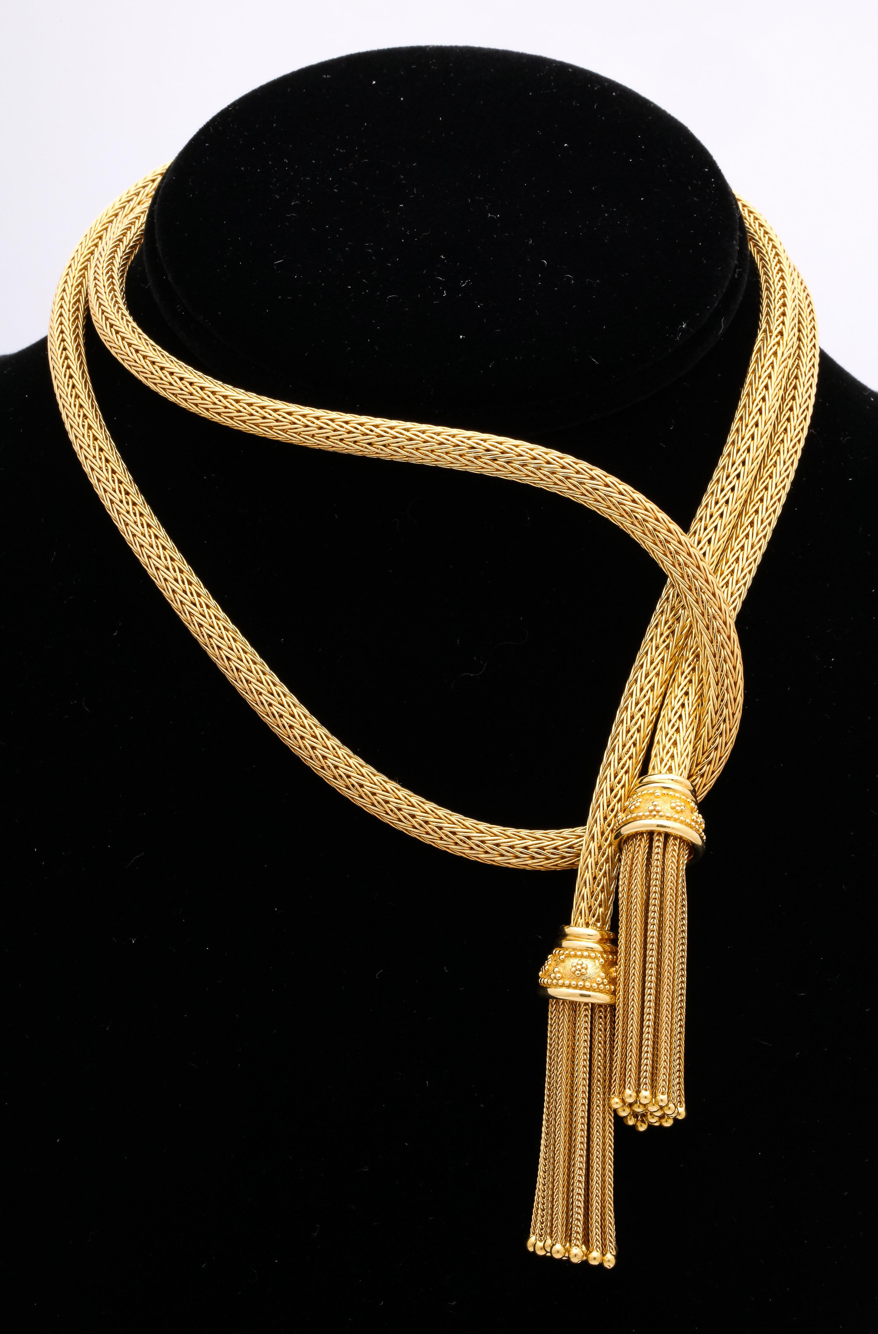 1960s Versatile Tubular Braided Tassel Gold Lariat Style Necklace 1