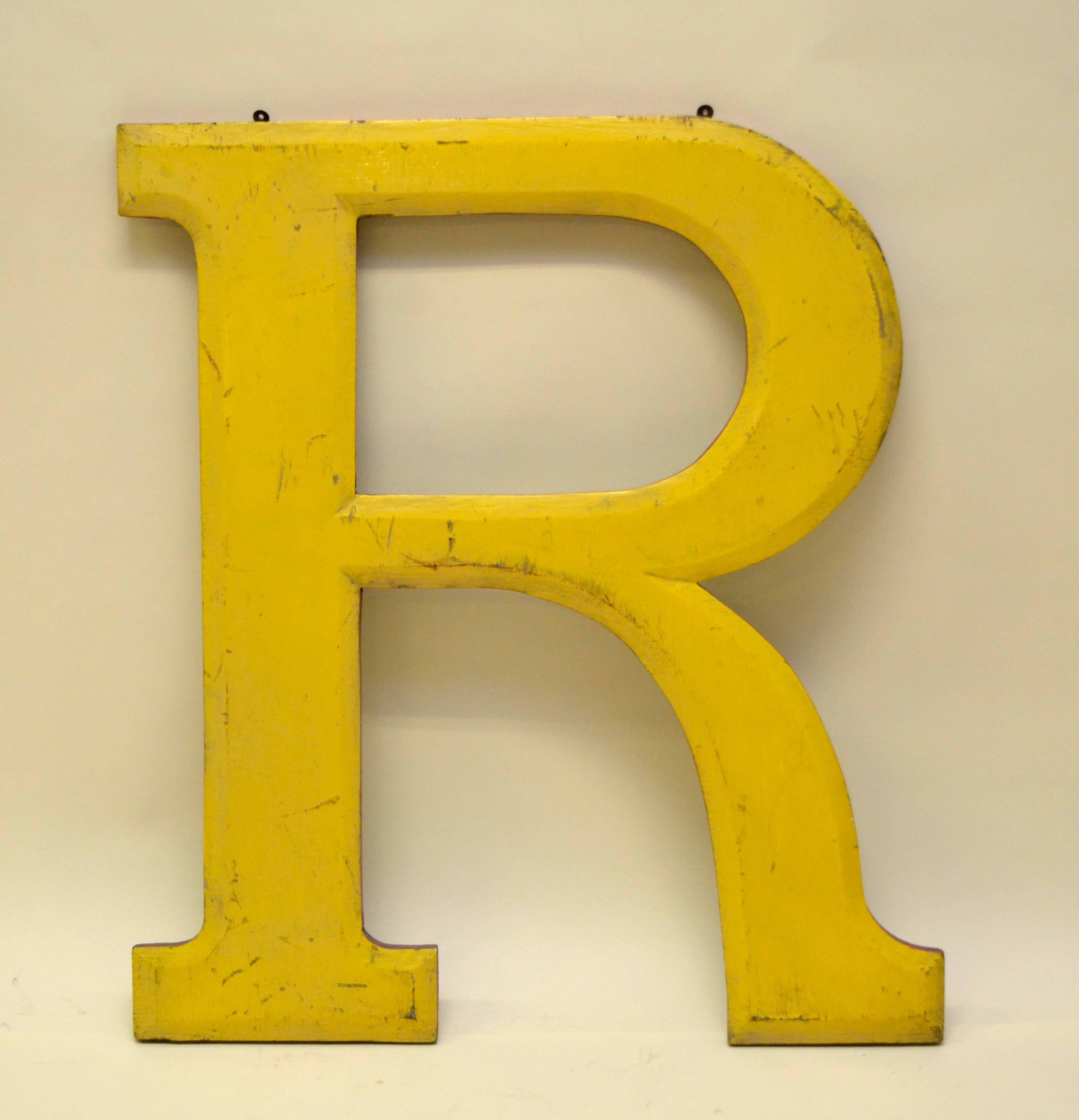 English 1960s Very Large Yellow Wooden Capital Letter R with Red Border Made in England