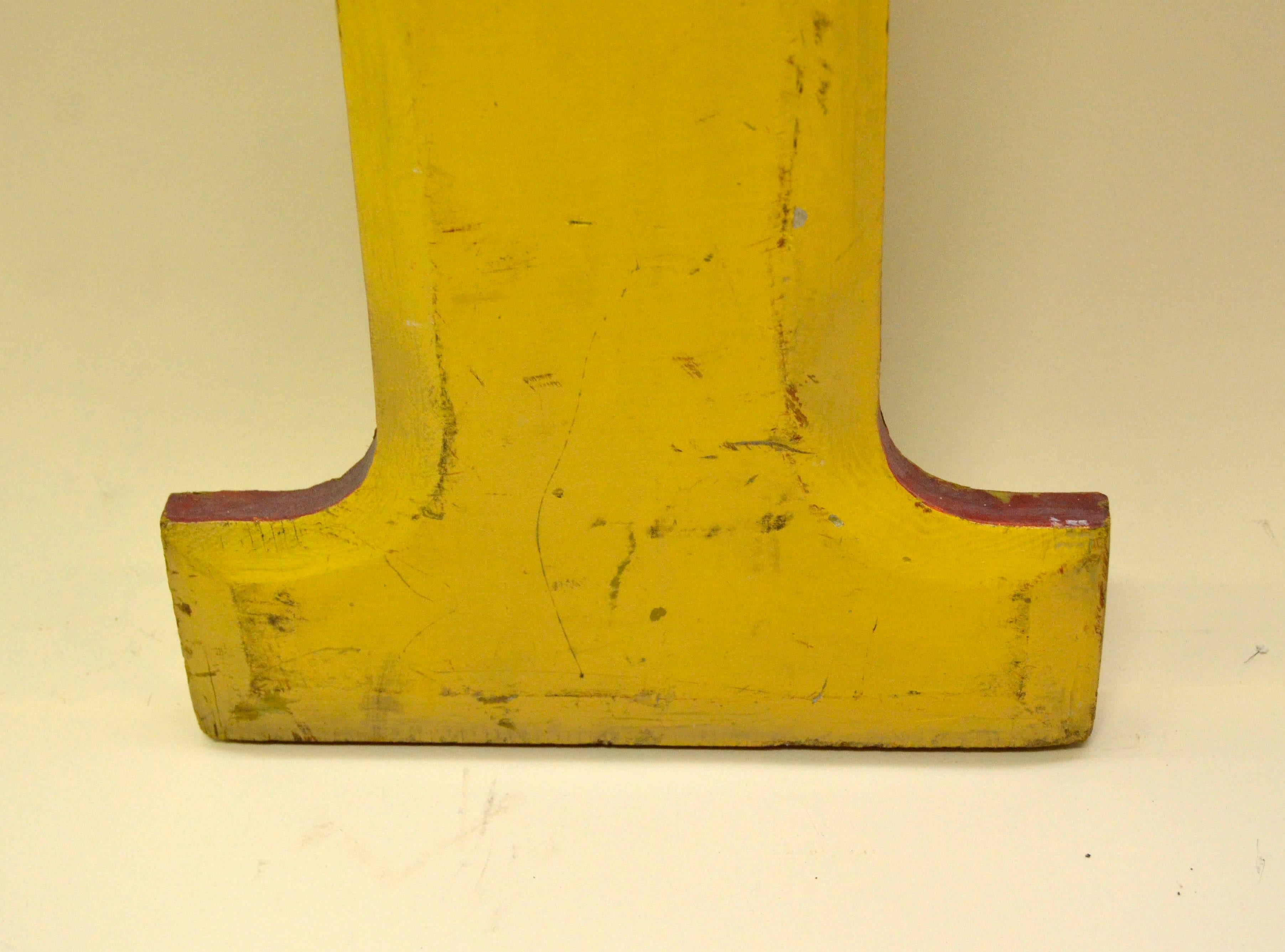 Mid-Century Modern 1960s Very Large Yellow Wooden Capital Letter T with Red Border Made in England