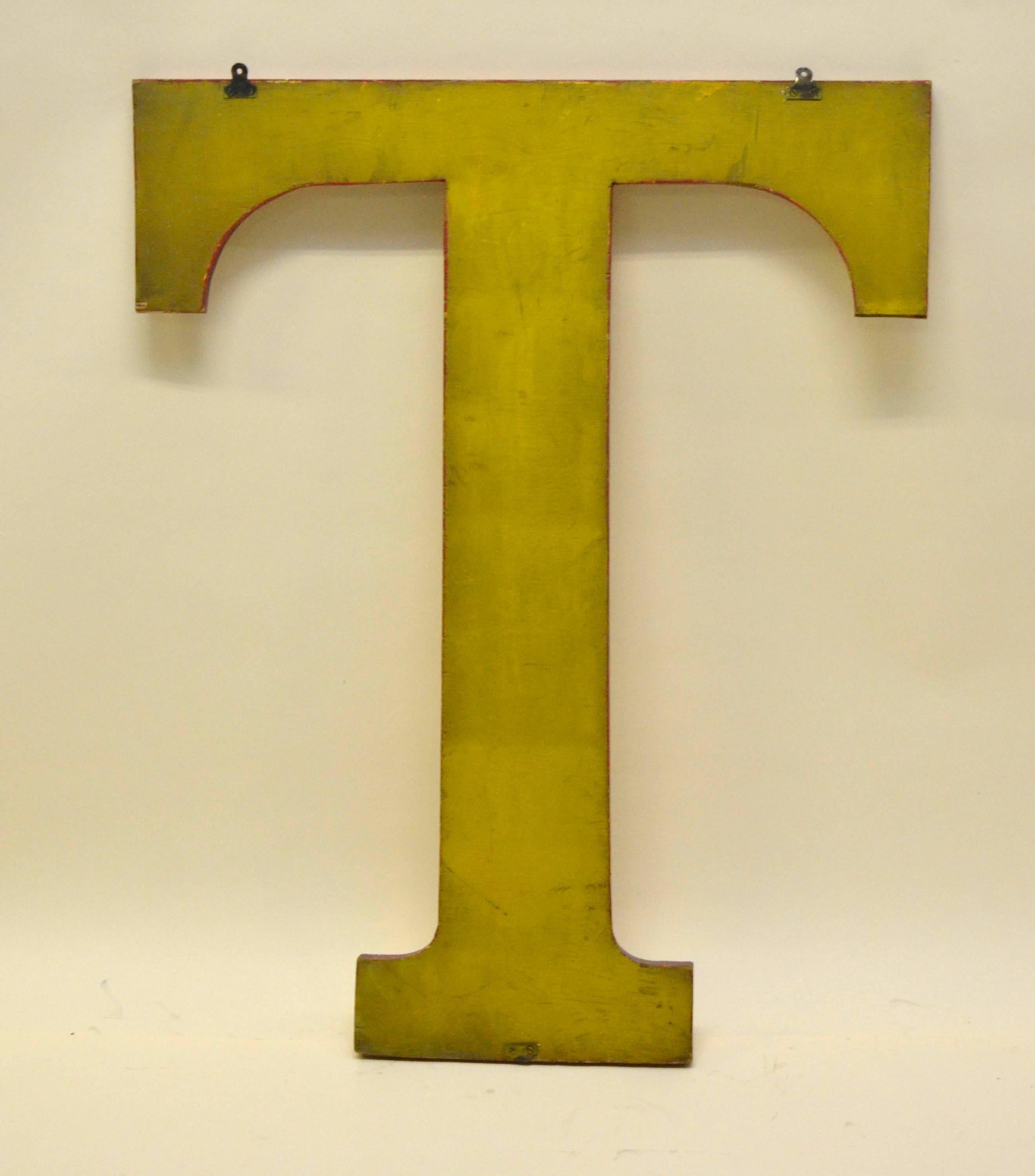 English 1960s Very Large Yellow Wooden Capital Letter T with Red Border Made in England