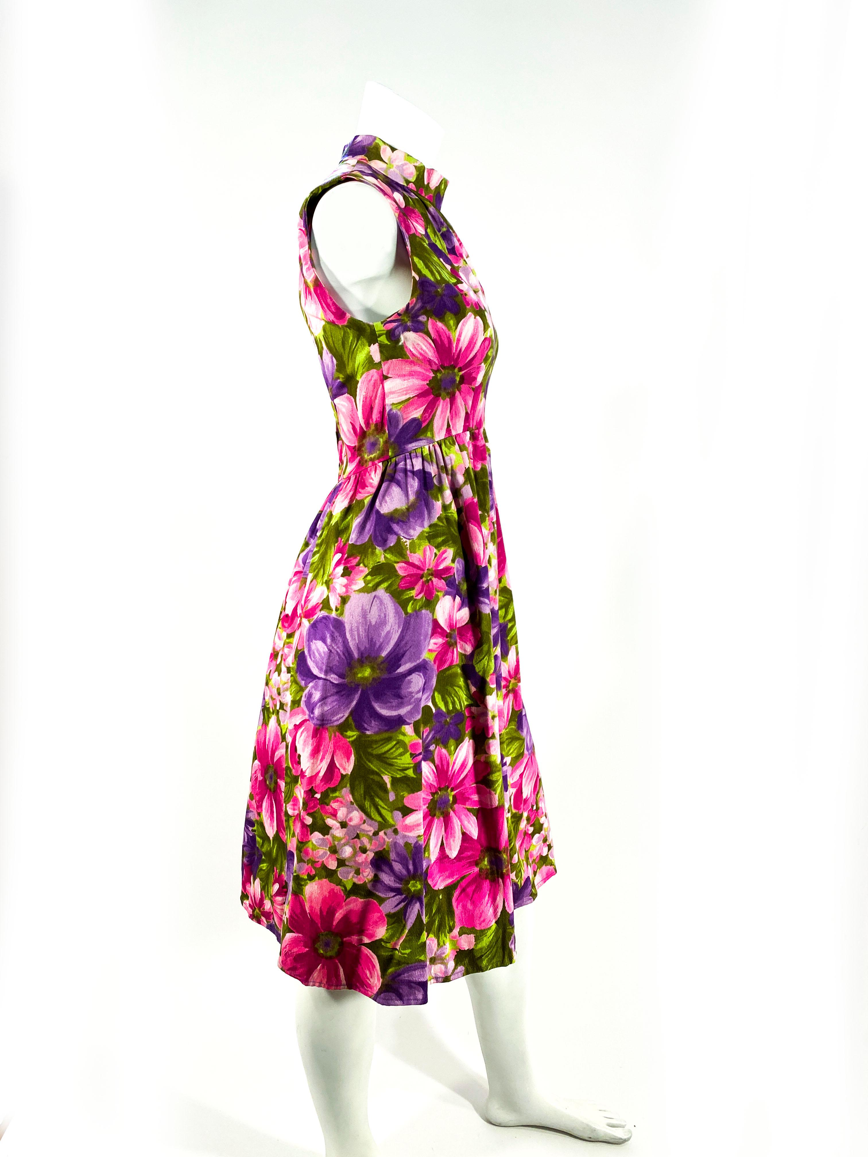 Pink 1960s Vibrant Floral Printed Dress For Sale