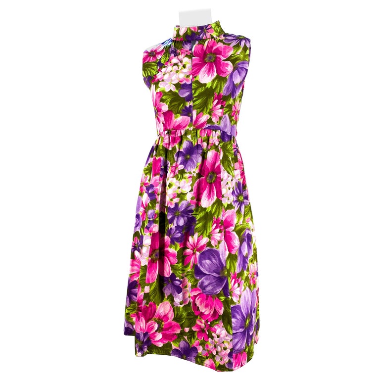 1960s Vibrant Floral Printed Dress For Sale