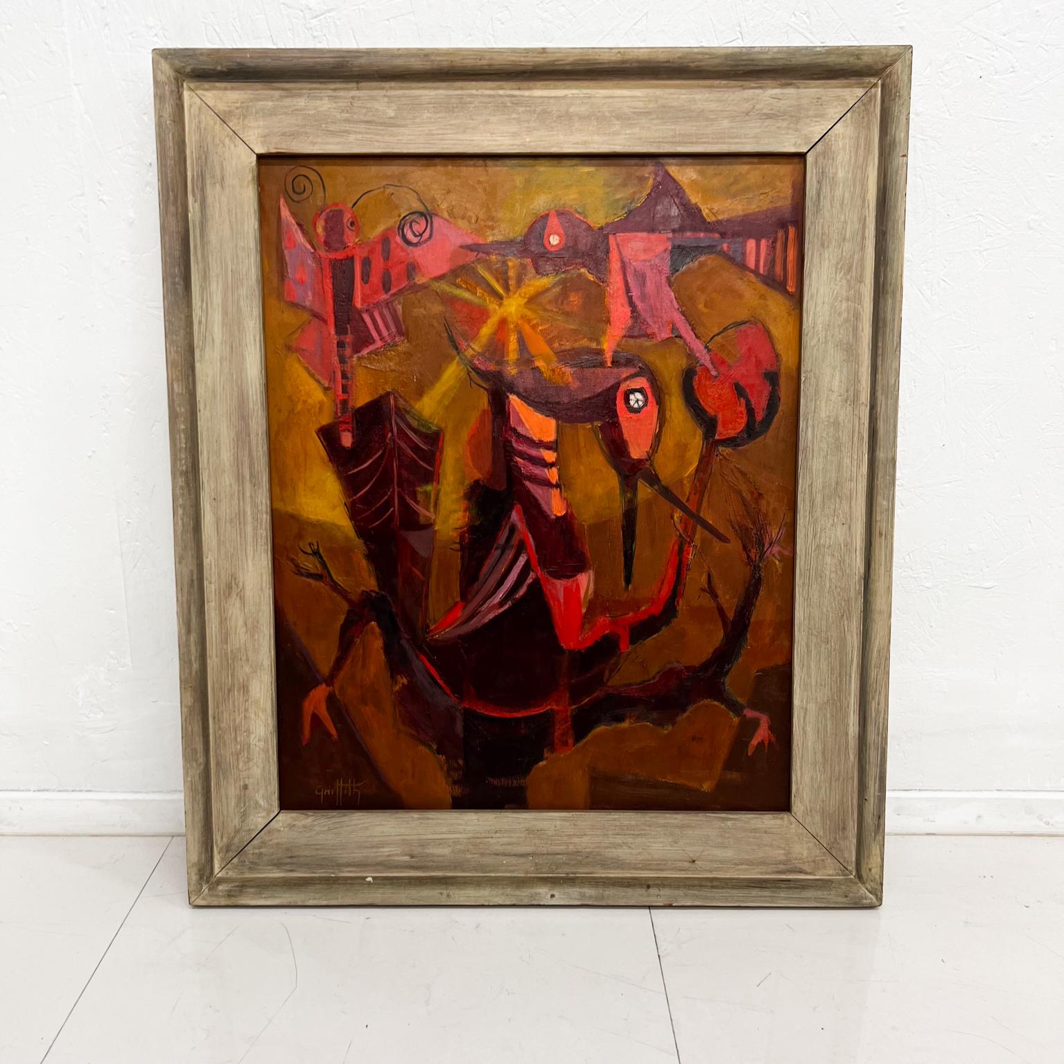 Mid-Century Modern 1960s Vibrant Pink Phoenix Bird Art Abstract Oil Painting signed For Sale