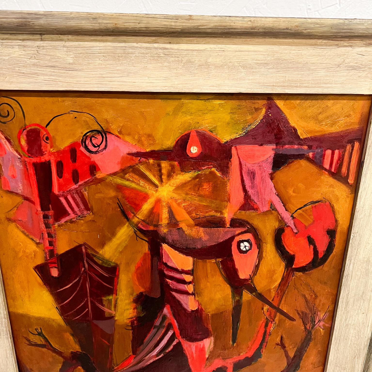 1960s Vibrant Pink Phoenix Bird Art Abstract Oil Painting signed For Sale 1