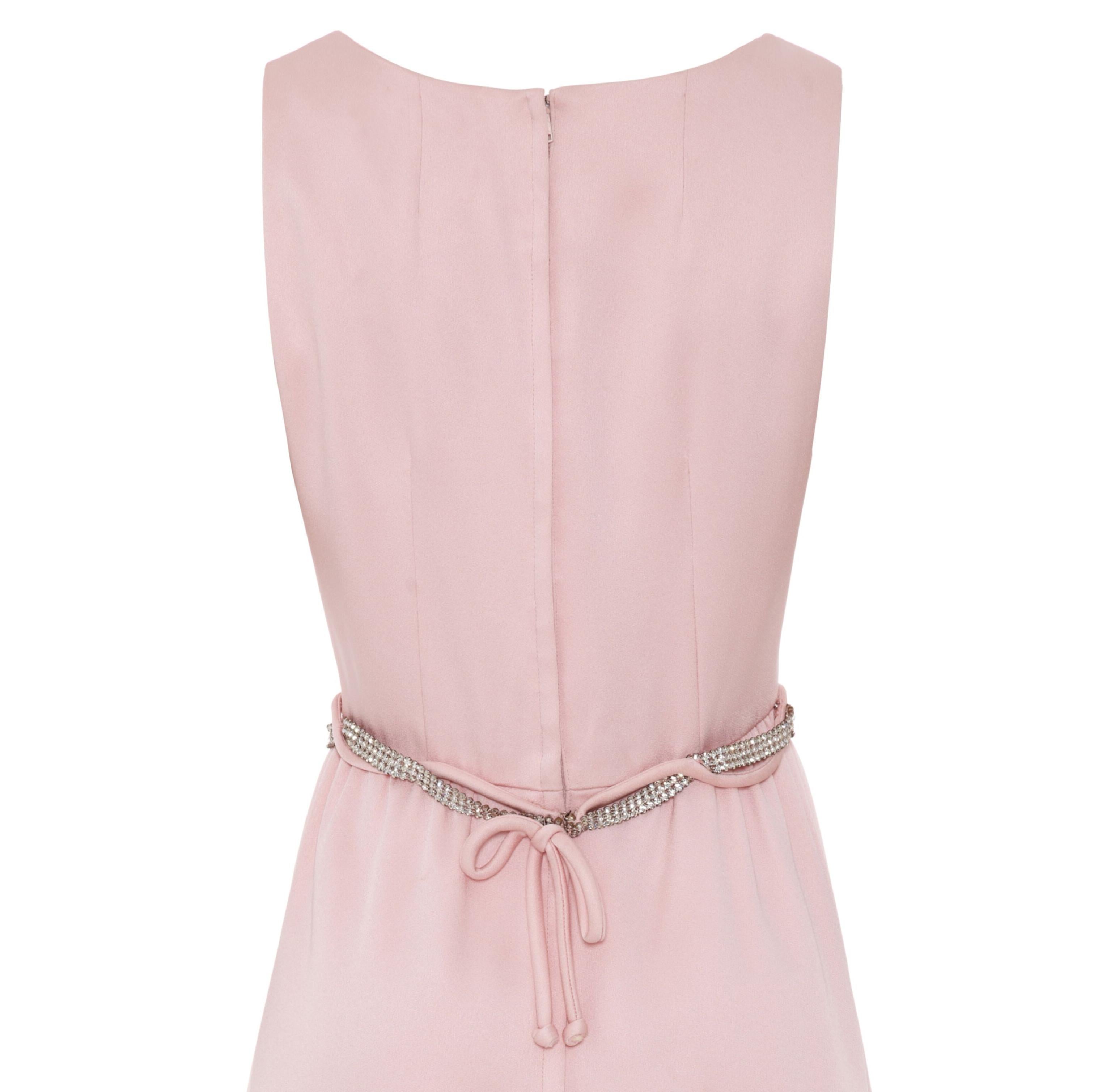 Beige 1960’s Victor Costa Pink Satin Dress with Rhinestone Belt For Sale