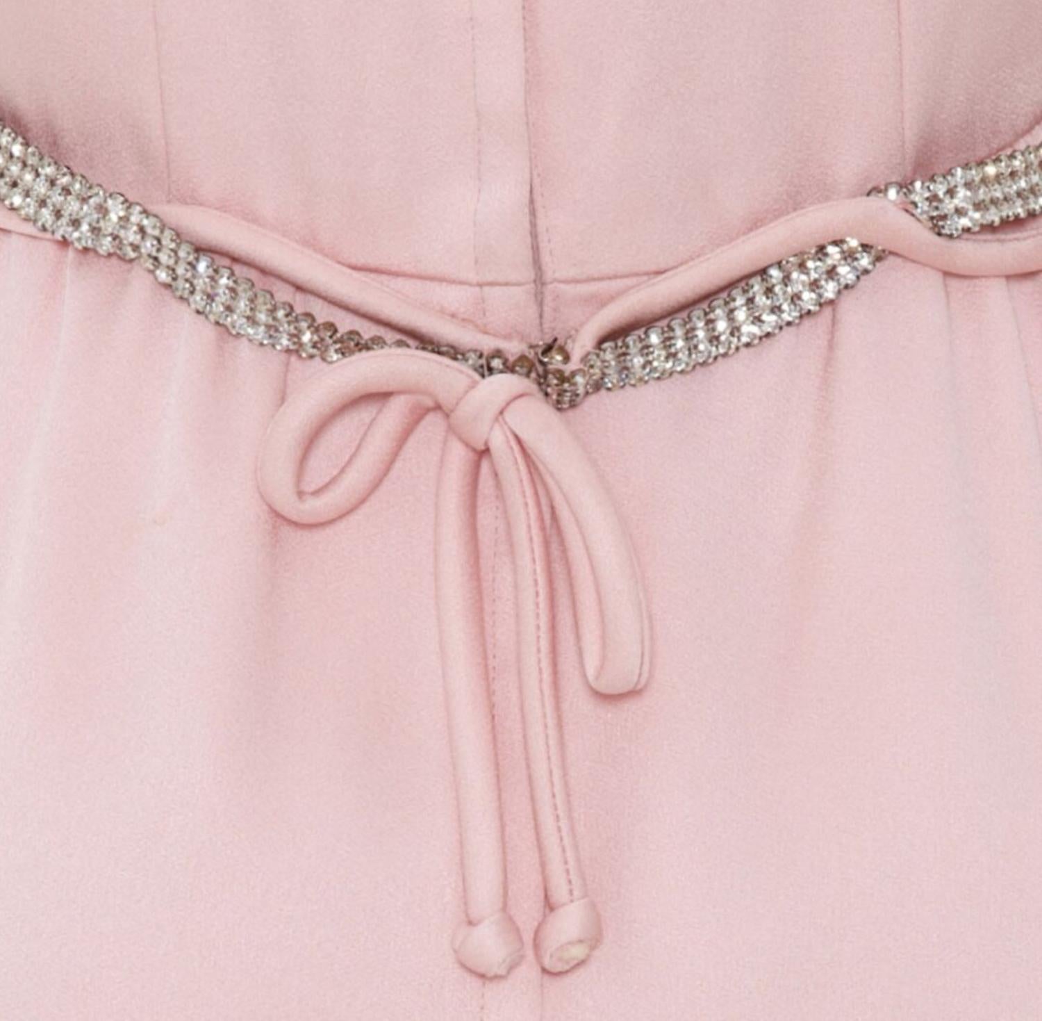 1960’s Victor Costa Pink Satin Dress with Rhinestone Belt In Good Condition For Sale In London, GB