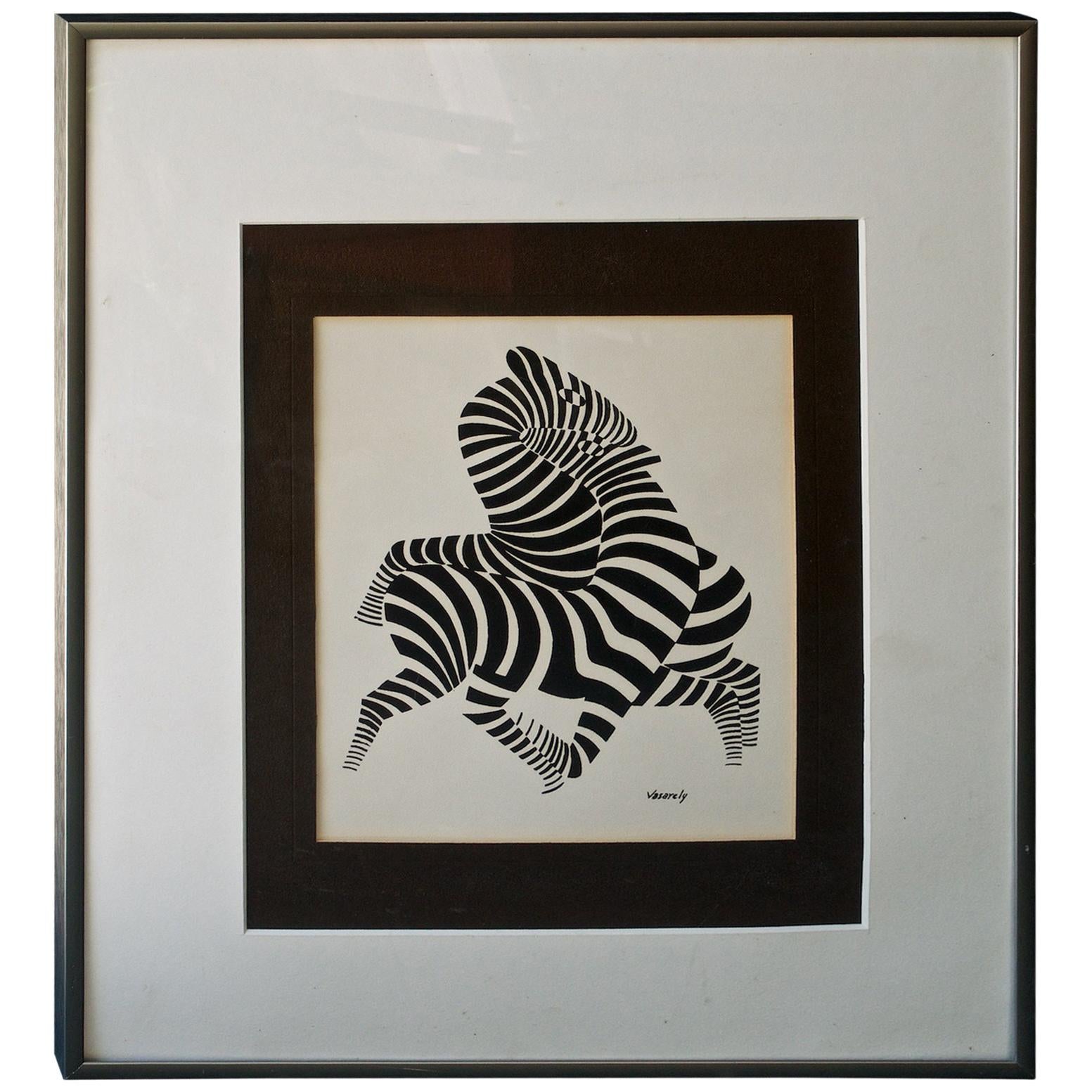 1960s Mid-Century Victor Vasarely Zebra Stripes Black White Op Art Lithograph 