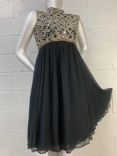 1960s Victoria Royale Ltd. Beaded Sequined Empire Mod Cocktail Dress in Black