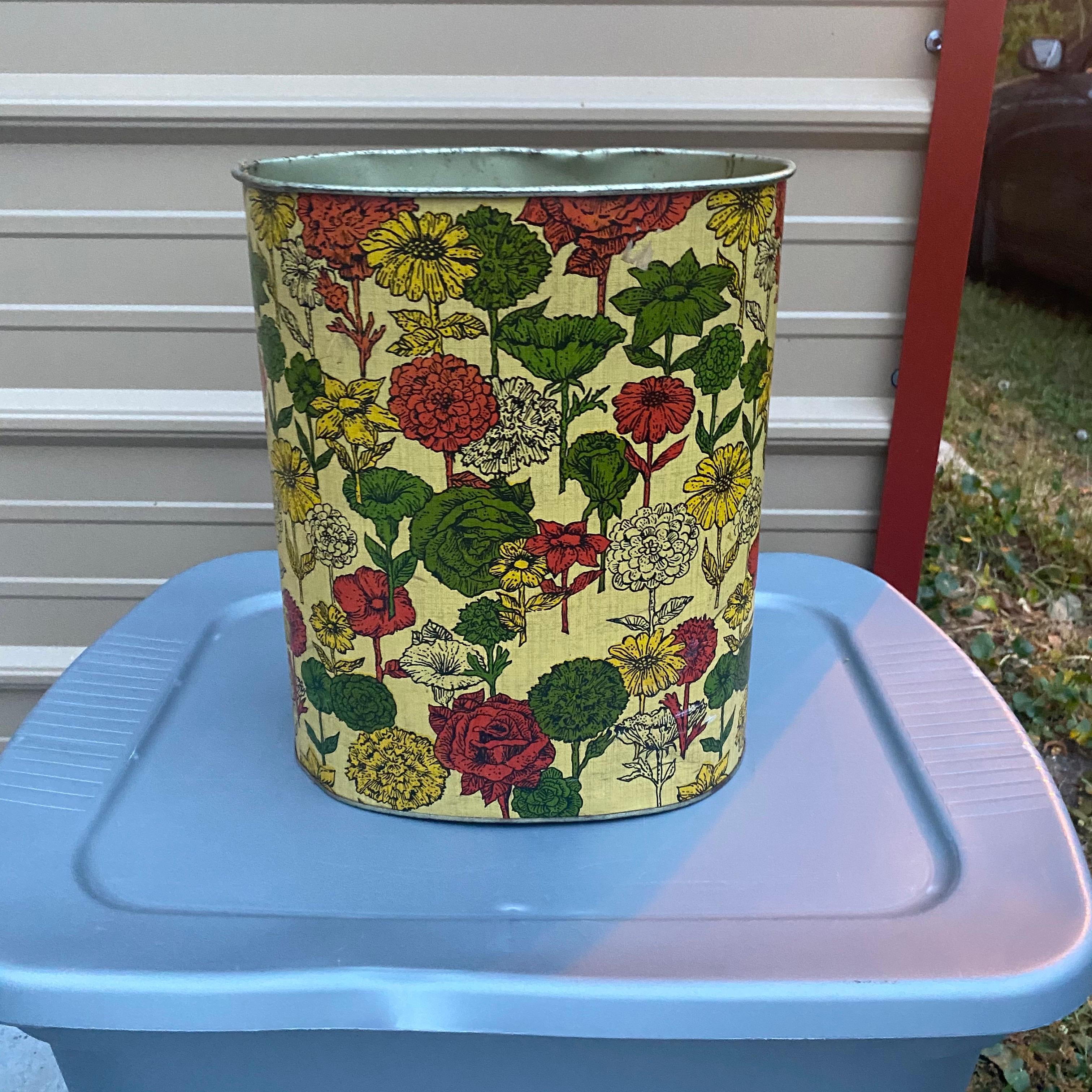 American 1960s Victorian-Inspired Multicolored Floral Metal Wastebasket