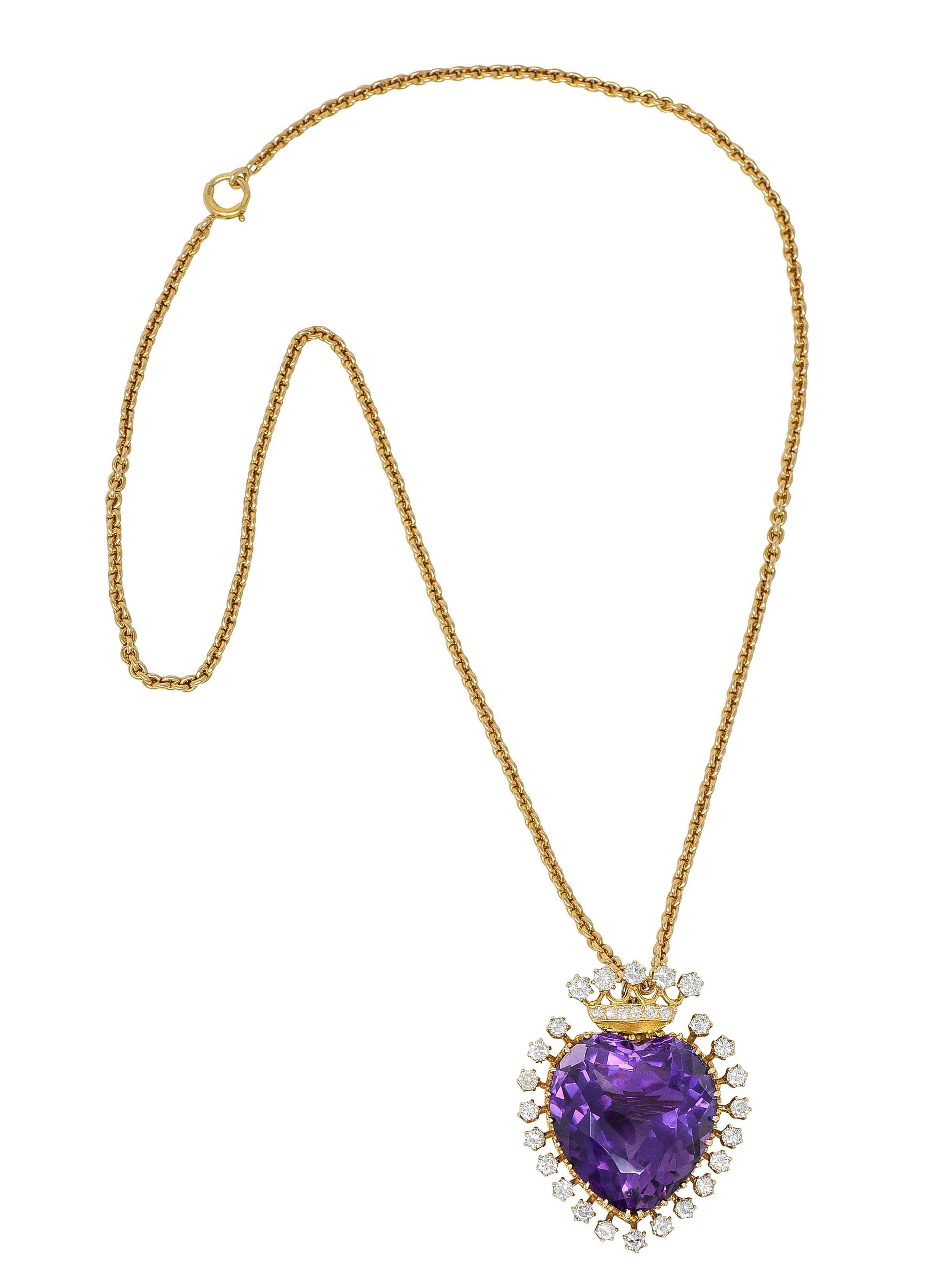Revival Collana con ciondolo a forma di cuore in oro 14 carati del 1960, in stile revival vittoriano, con ametista in vendita