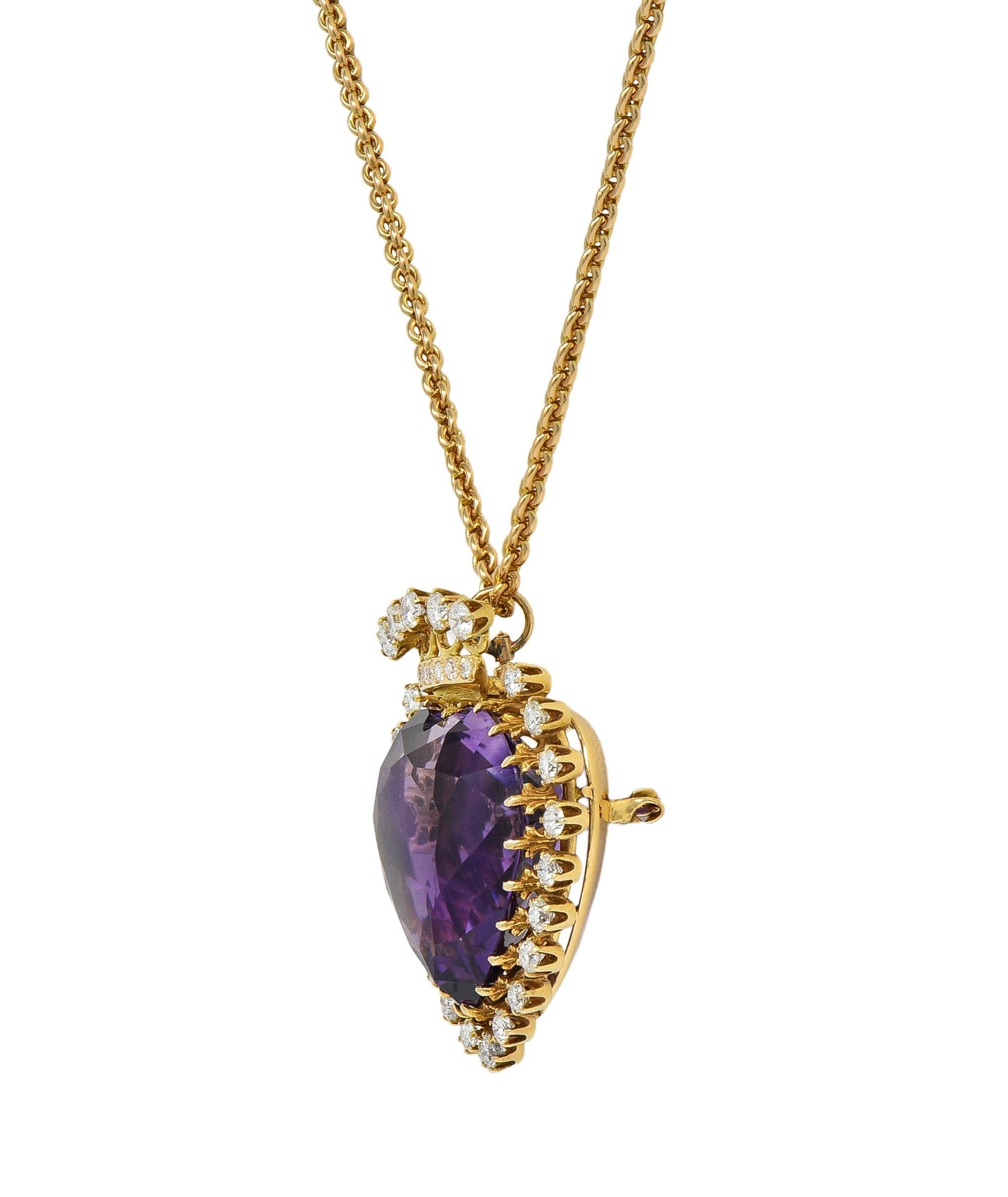 Cuore Collana con ciondolo a forma di cuore in oro 14 carati del 1960, in stile revival vittoriano, con ametista in vendita