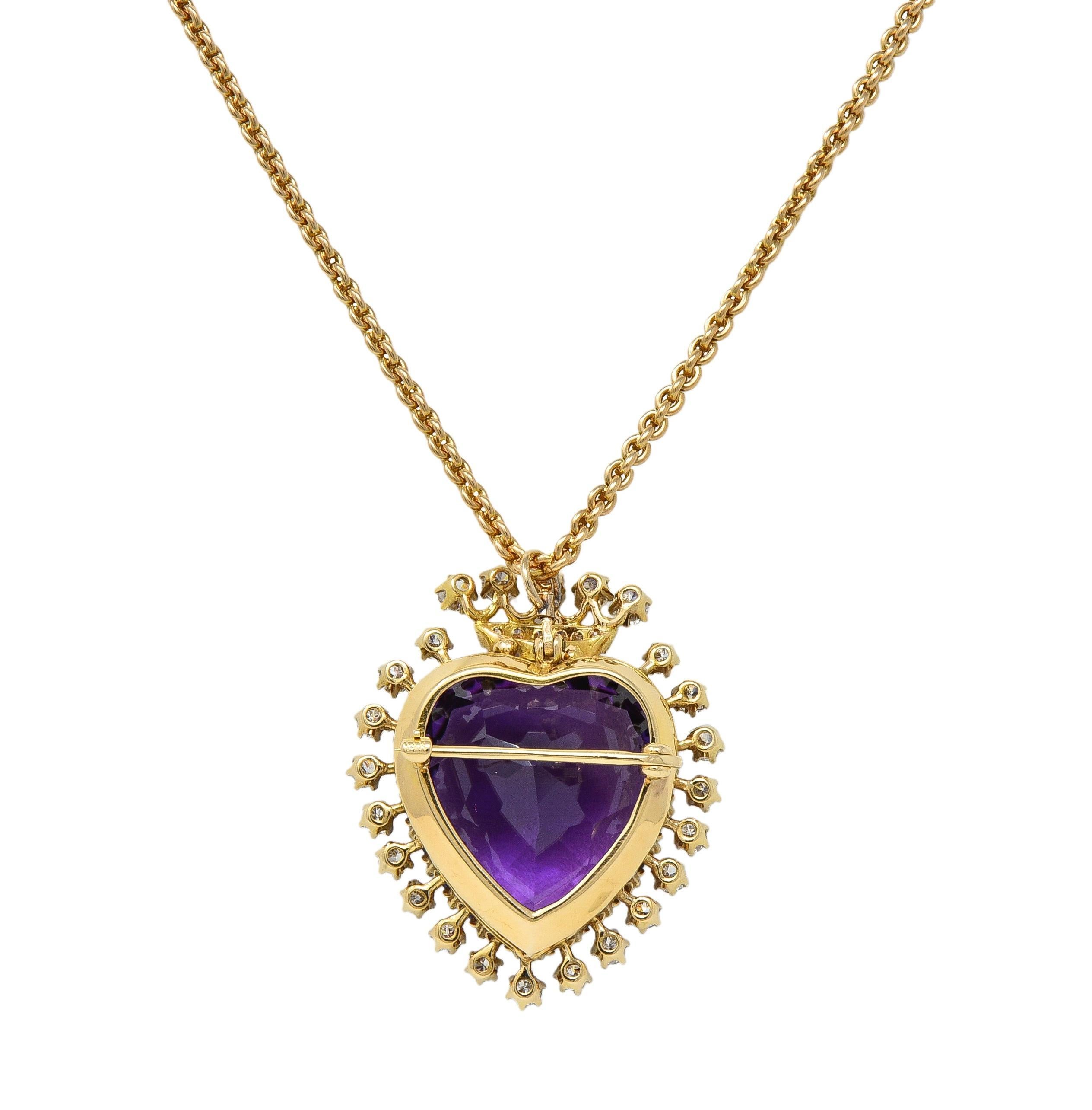 Collana con ciondolo a forma di cuore in oro 14 carati del 1960, in stile revival vittoriano, con ametista In condizioni ottime in vendita a Philadelphia, PA