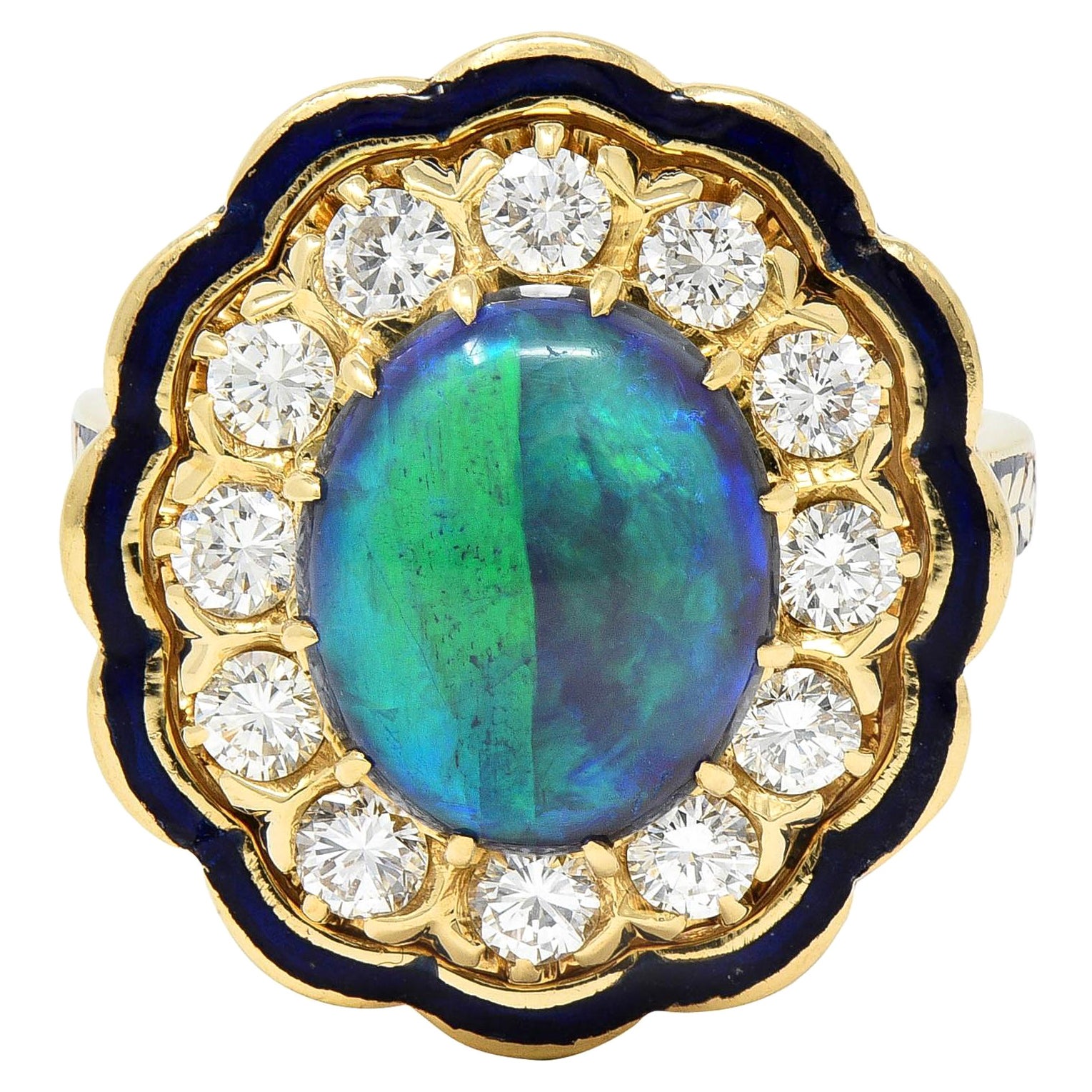 1960
s Victorian Revival Black Opal Diamond Enamel 14K Gold Vintage Halo Ring