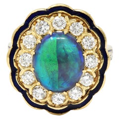 1960's Victorian Revival Black Opal Diamond Enamel 14K Gold Vintage Halo Ring