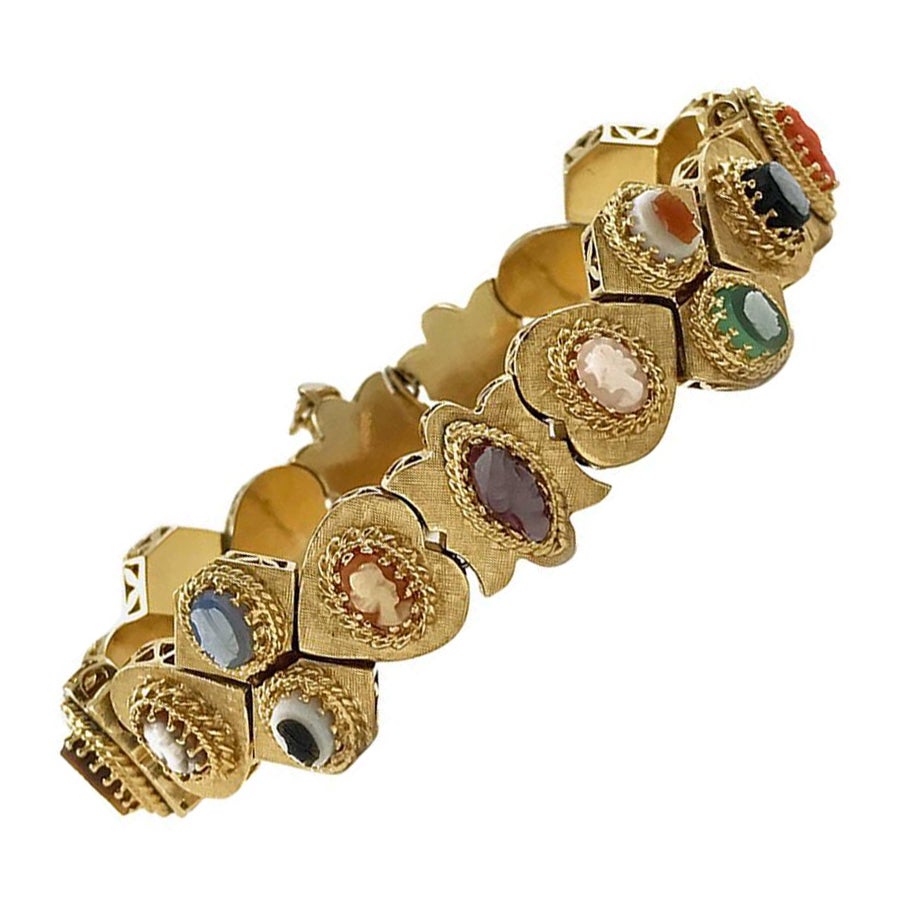 1960s Victorian Revival Multi-Gemstone Cameo 14K Gold Bracelet For Sale