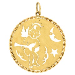 1960's Vintage 14 Karat Yellow Gold Celestial Angel Medallion Pendant