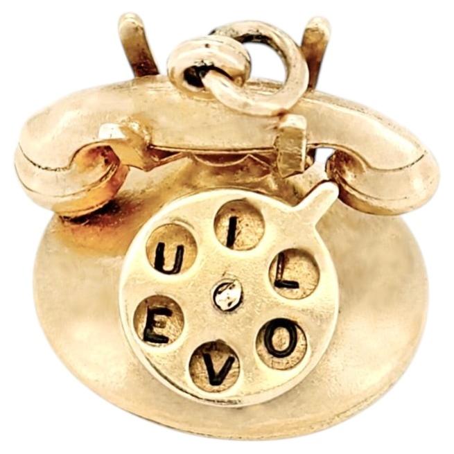 1960s Vintage 14K Articulating Rotary Dial Telephone Charm, I LOVE U