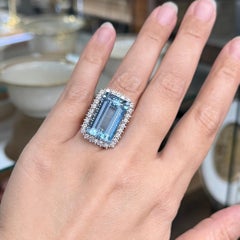 1960's Vintage 17.5 Carat Aquamarine and Diamond Statement Ring 18k White Gold