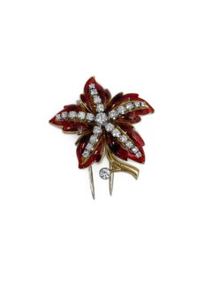 1960er Jahre Vintage 18 Karat Gold 0,51 Karat Diamant Rot Emaille Floral Pin Brosche