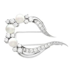 1960s Vintage 18k White Gold Brooch with Cultured Pearls & Diamonds