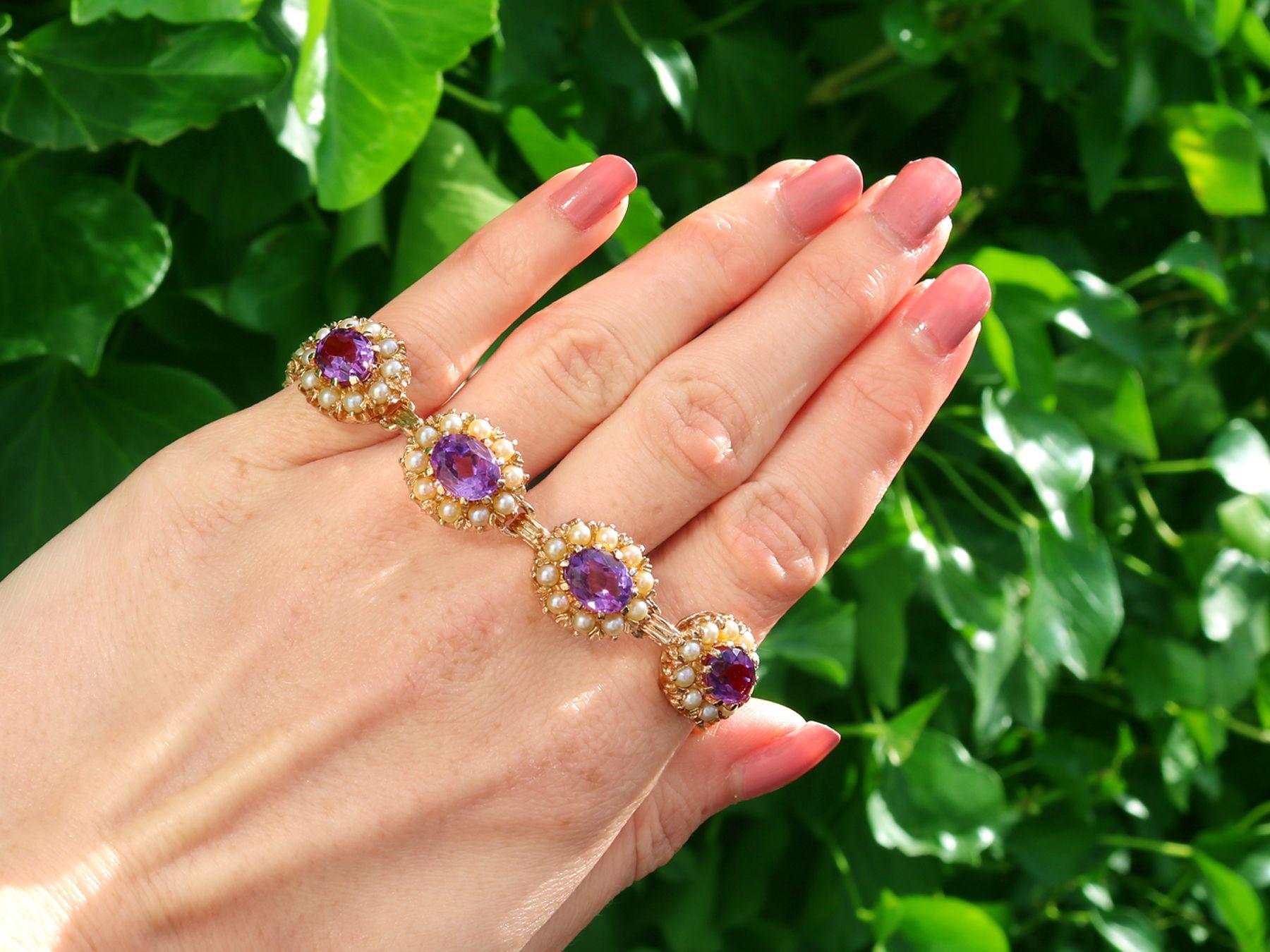 An exceptional, fine and impressive 19.80 carat amethyst, cultured pearl and 9 karat yellow gold bracelet; part of our diverse vintage jewelry and estate jewelry collections

This stunning vintage amethyst bracelet has been crafted in 9k yellow
