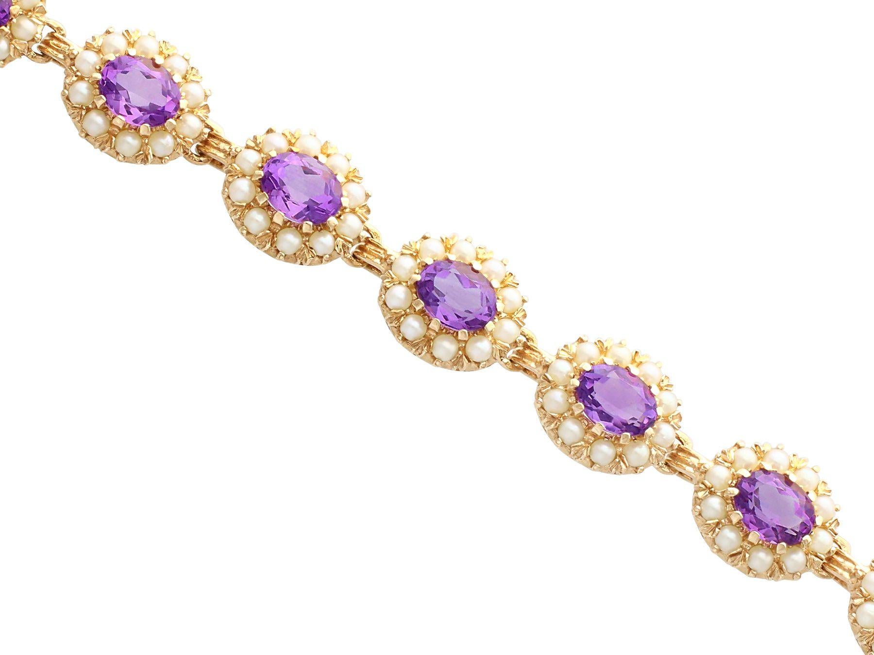 Oval Cut 1960s, Vintage 19.80 carat Amethyst and Cultured Pearl Yellow Gold Bracelet