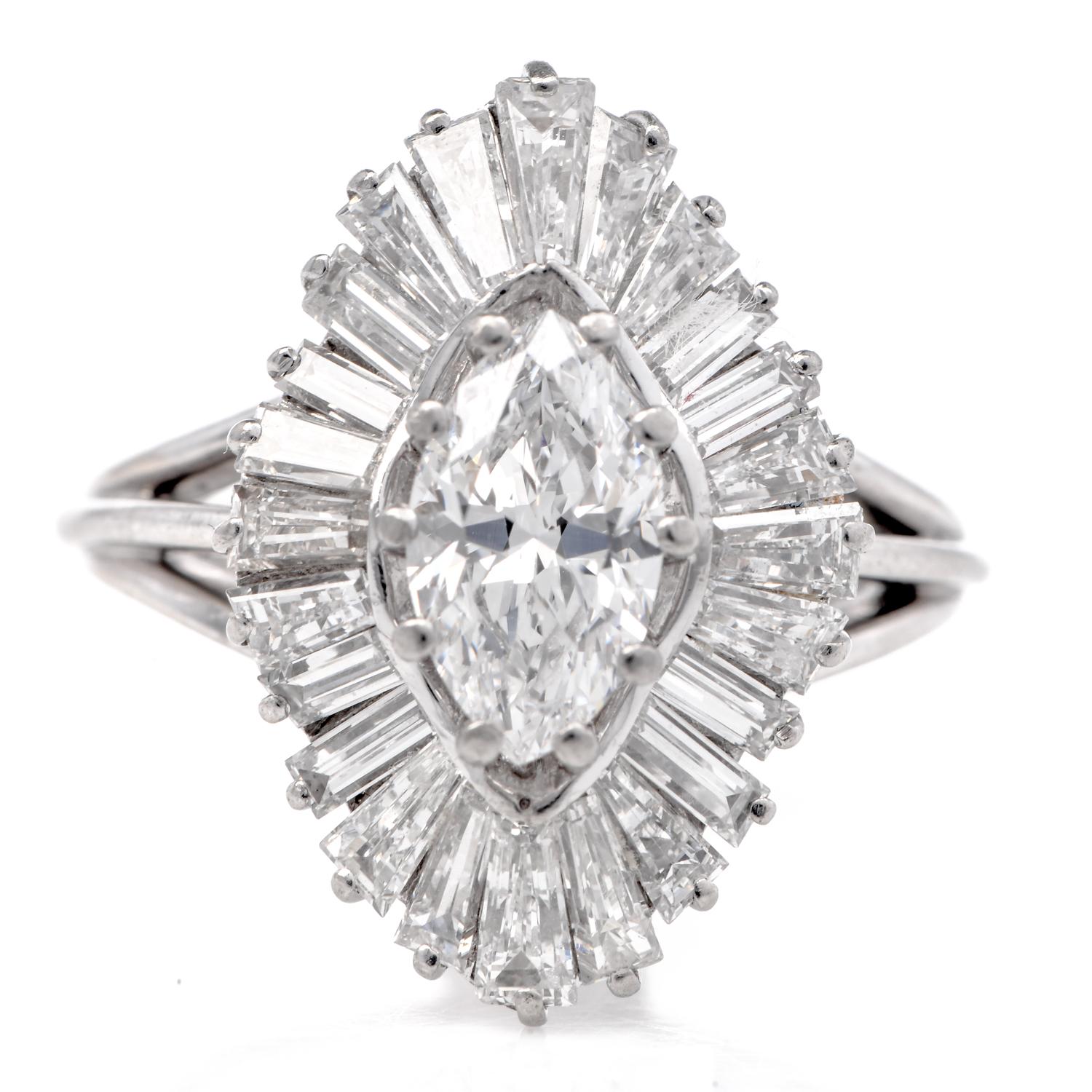 Presenting a beautiful Dimond Ballerina Style Cocktail Ring forged in Platinum. The diamonds are natural Marquise diamonds surrounded by Tapered baguette diamonds around the center.

Metal: Platinum

Centre  Diamond: Marquise cut approximately 1.30