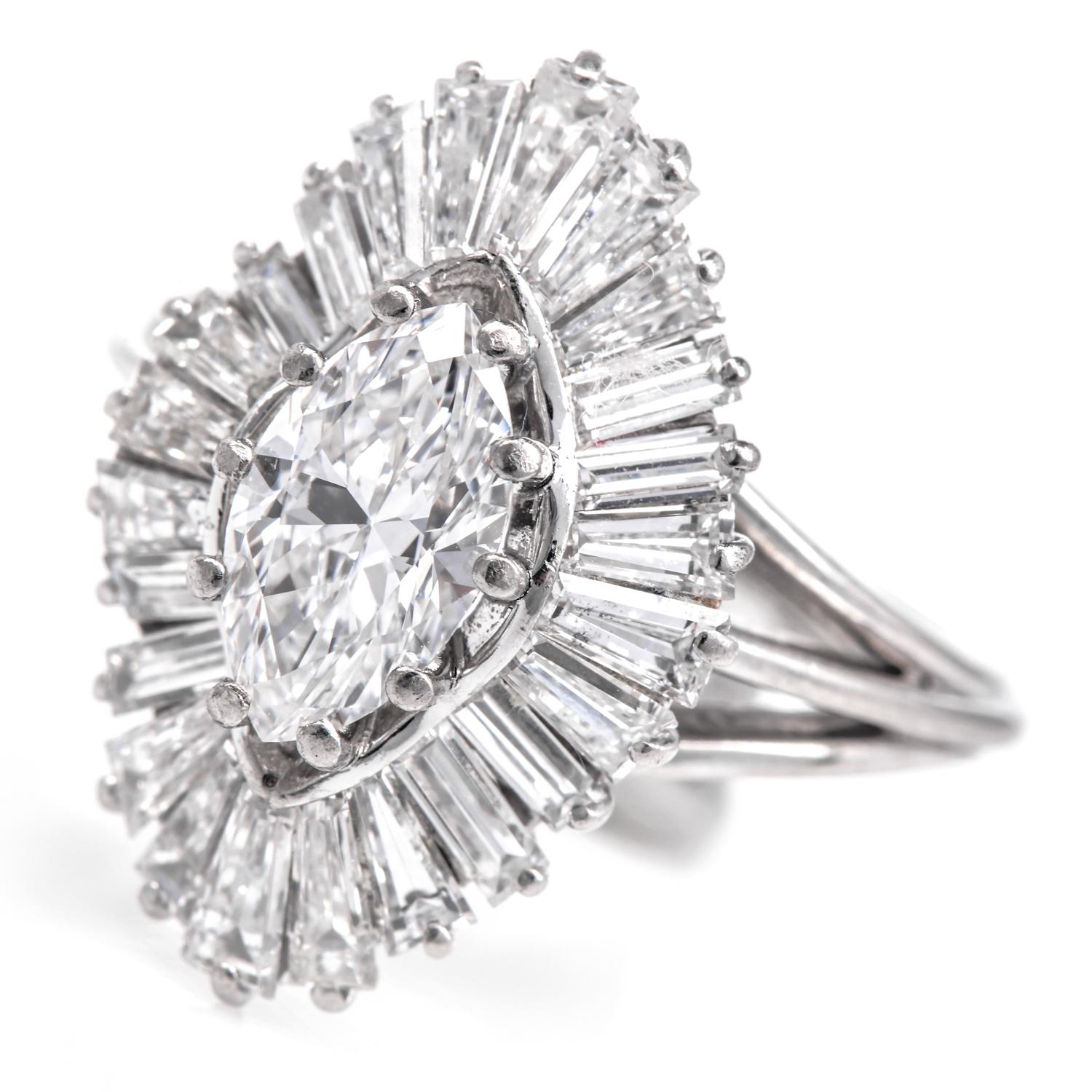 Retro 1960s Vintage 2.80cts Marquises  Diamond Platinum Ballerina Cocktail Ring