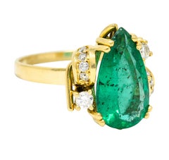 1960's Vintage 3.06 Carats Brazilian Emerald Diamond 18 Karat Yellow Gold Ring