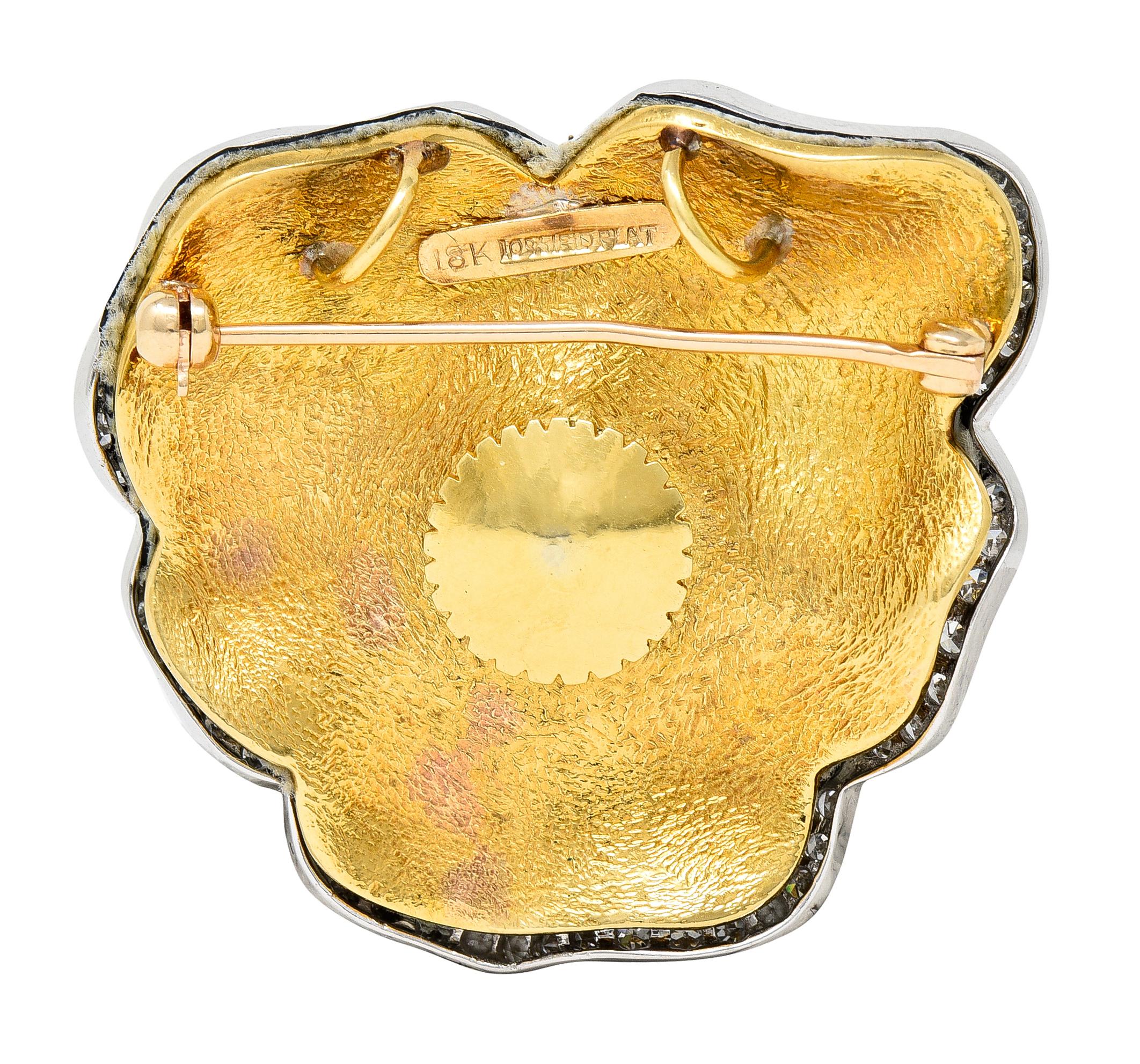 Contemporary 1960's Vintage 3.25 Carats Diamond Platinum 18 Karat Yellow Gold Flower Brooch