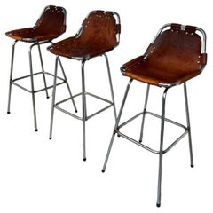1960's Vintage 3x Original Leather by Charlotte Perriand Stools for Les Arcs
