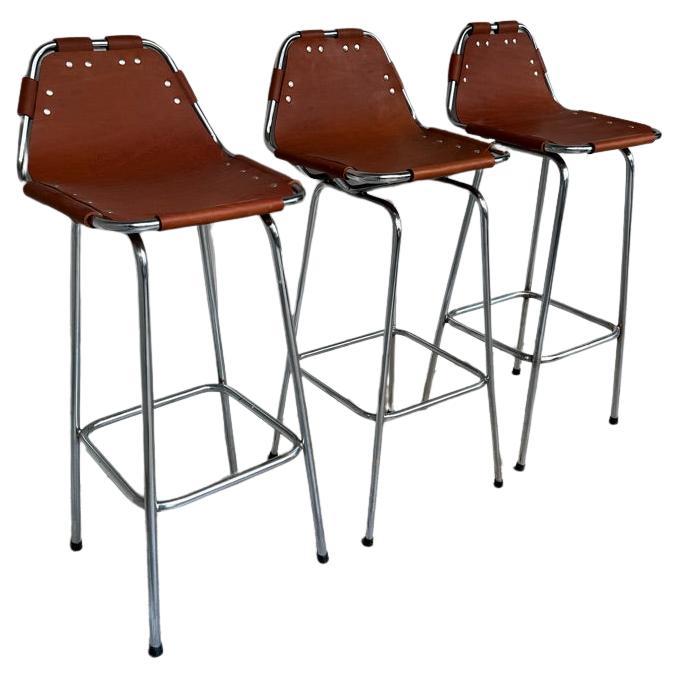 1960's Vintage 3x Original Leather stools by Charlotte Perriand for Les Arcs