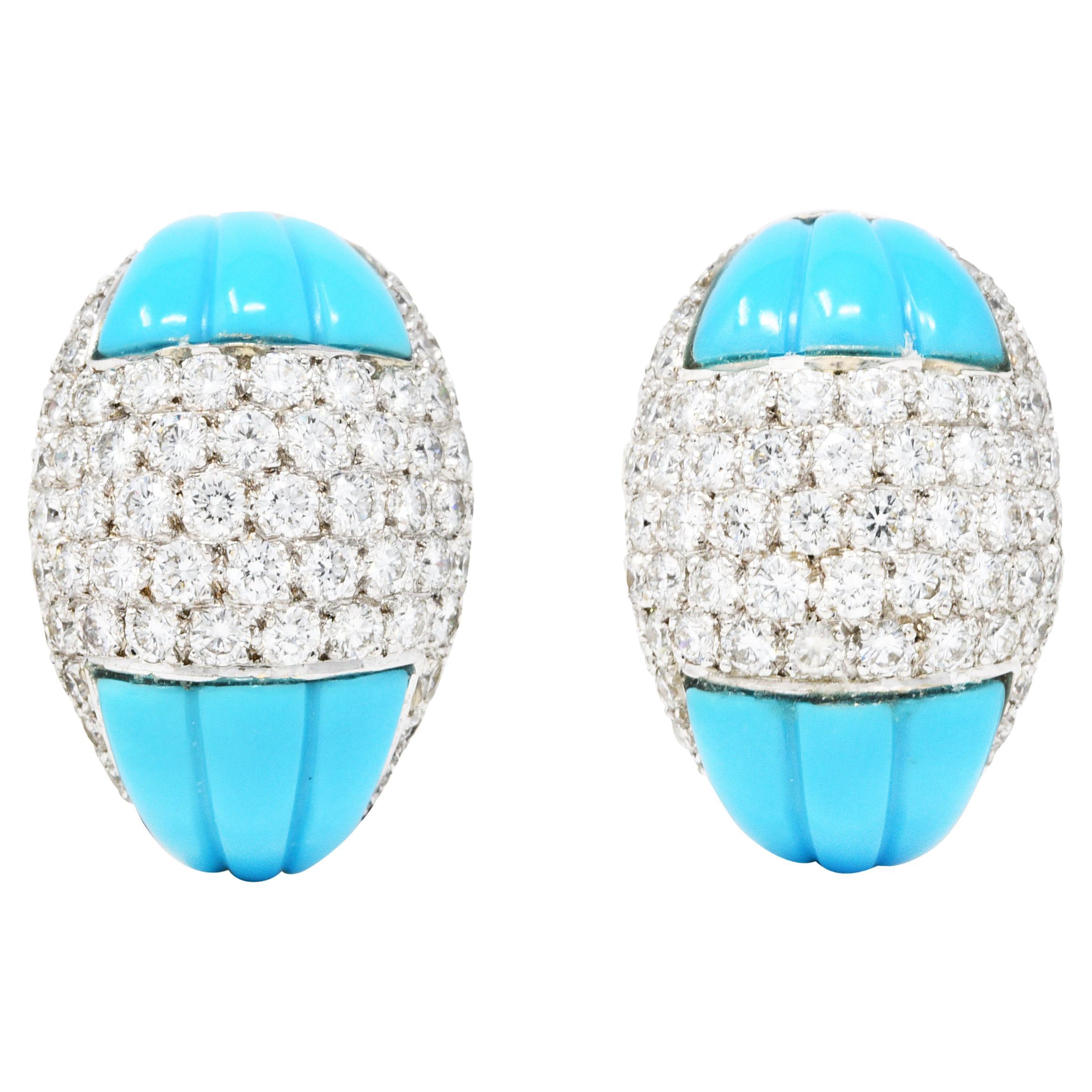 1960's Vintage 5.50 Carats Pave Diamond Turquoise 18 Karat White Gold Earrings