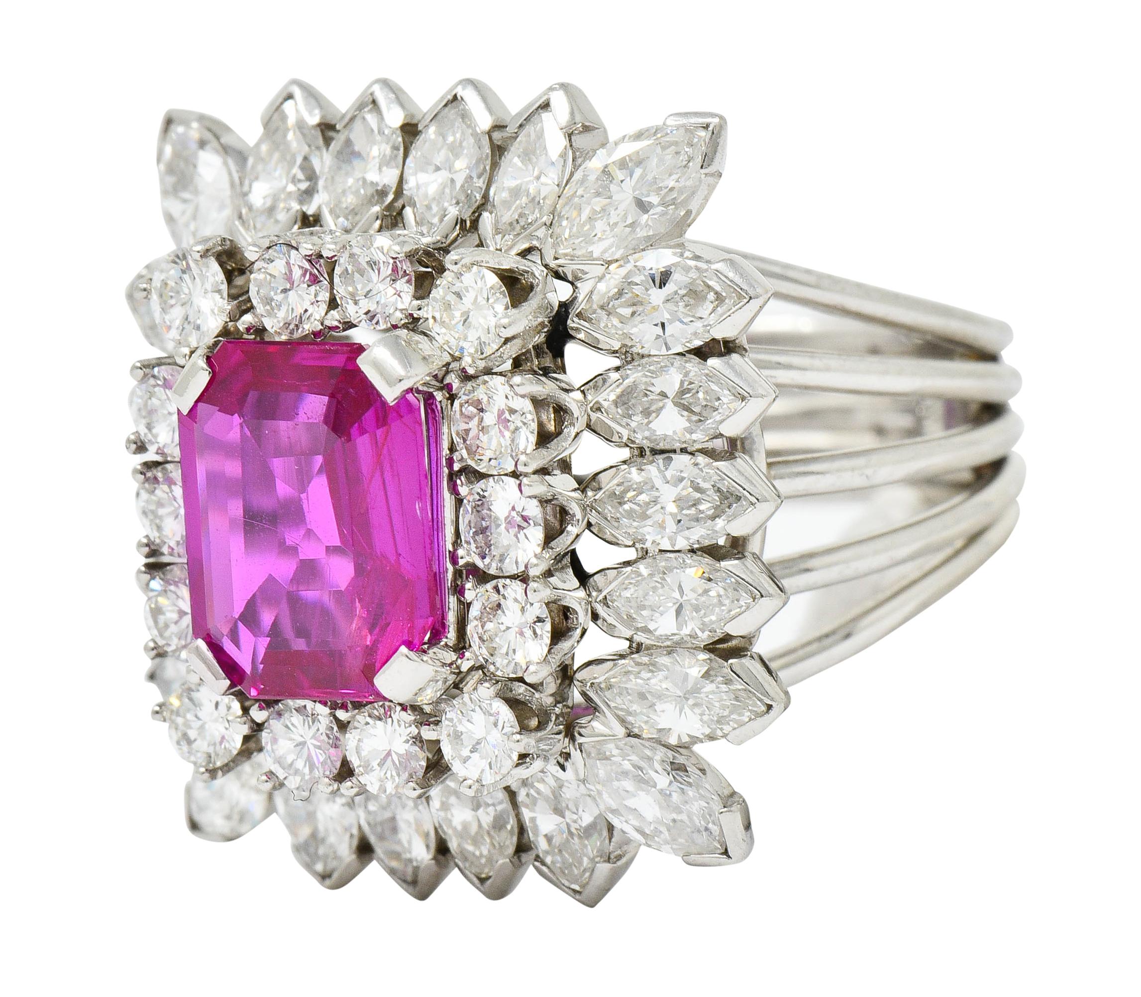 1960s Vintage 6.04 Carat No Heat Burma Ruby Diamond Platinum Cluster Ring In Excellent Condition In Philadelphia, PA