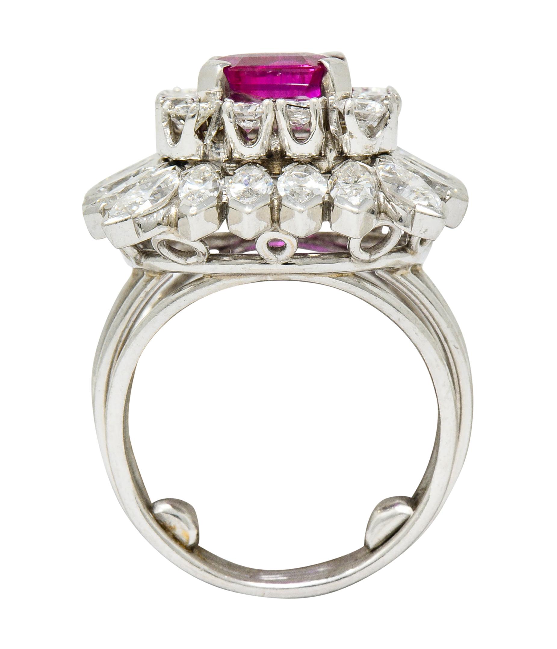 Women's or Men's 1960s Vintage 6.04 Carat No Heat Burma Ruby Diamond Platinum Cluster Ring