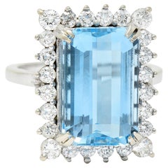 1960's Vintage 8.32 CTW Aquamarine Diamond 14 Karat White Gold Cluster Ring