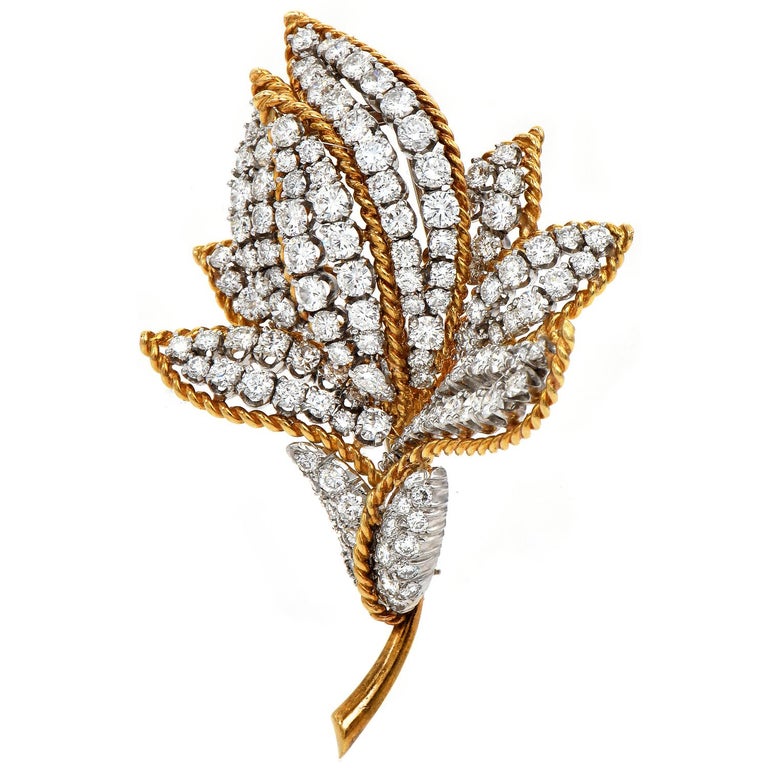 Round Cut 1960s Vintage 9.80 Carats Diamond Flower 18k Gold Platinum Brooch Pin For Sale